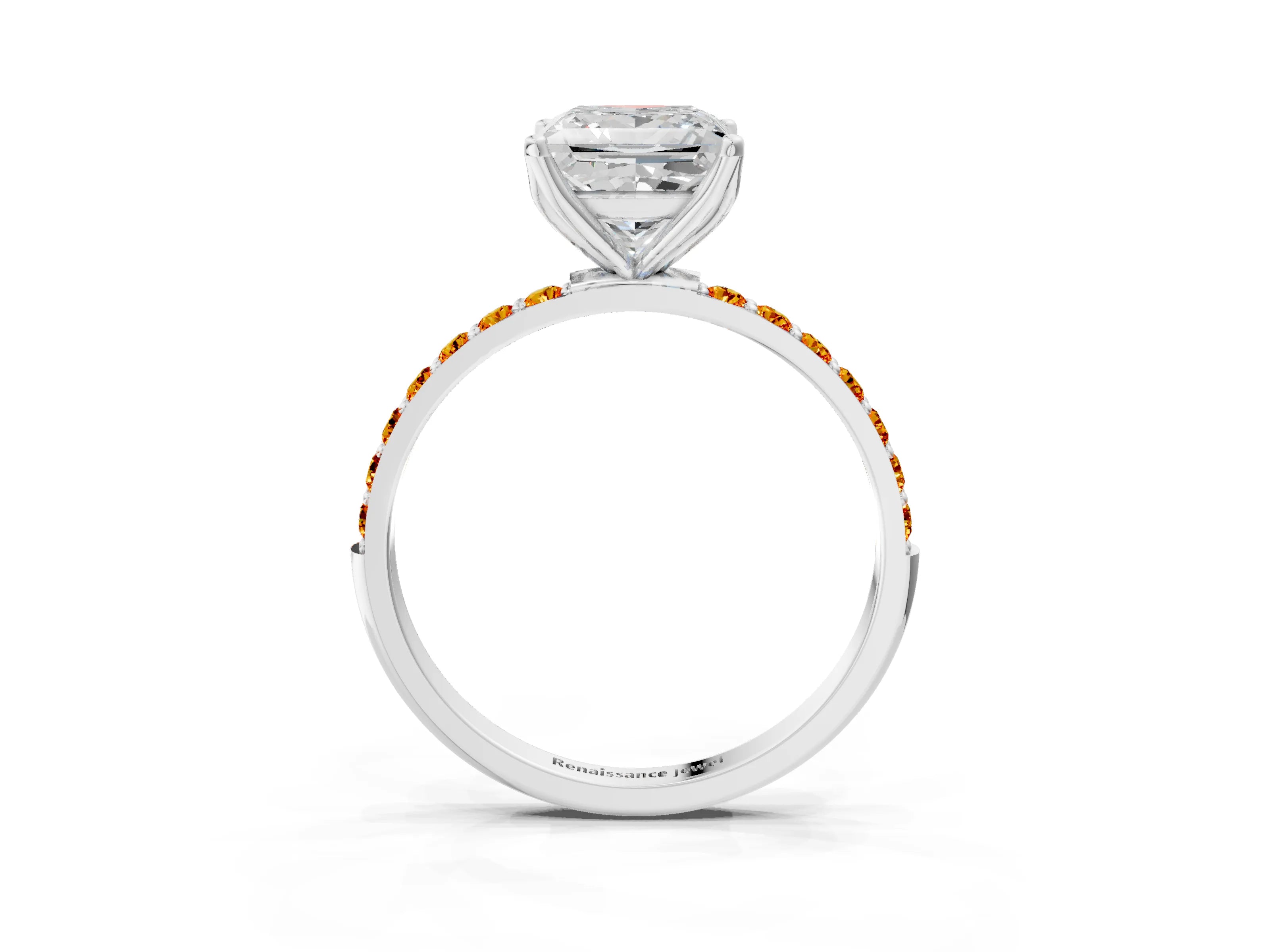White gold Princess Cut Diamond Solitaire Engagement Ring with Round with Citrine side stone Pavé Band and Prong Setting_3