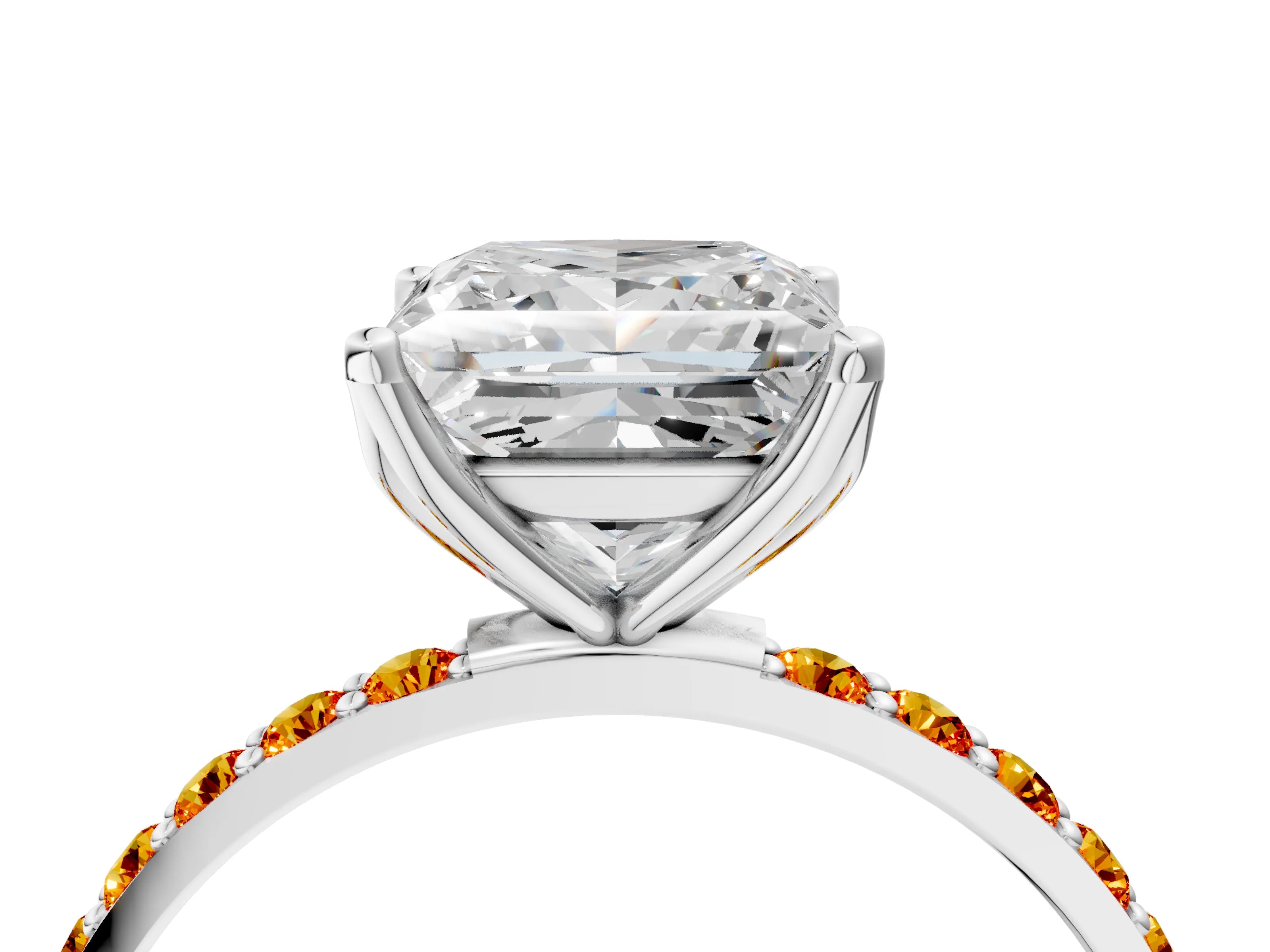 White gold Princess Cut Diamond Solitaire Engagement Ring with Round with Citrine side stone Pavé Band and Prong Setting_4