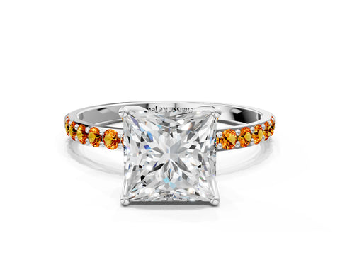 White gold Princess Cut Diamond Solitaire Engagement Ring with Round with Citrine side stone Pavé Band and Prong Setting