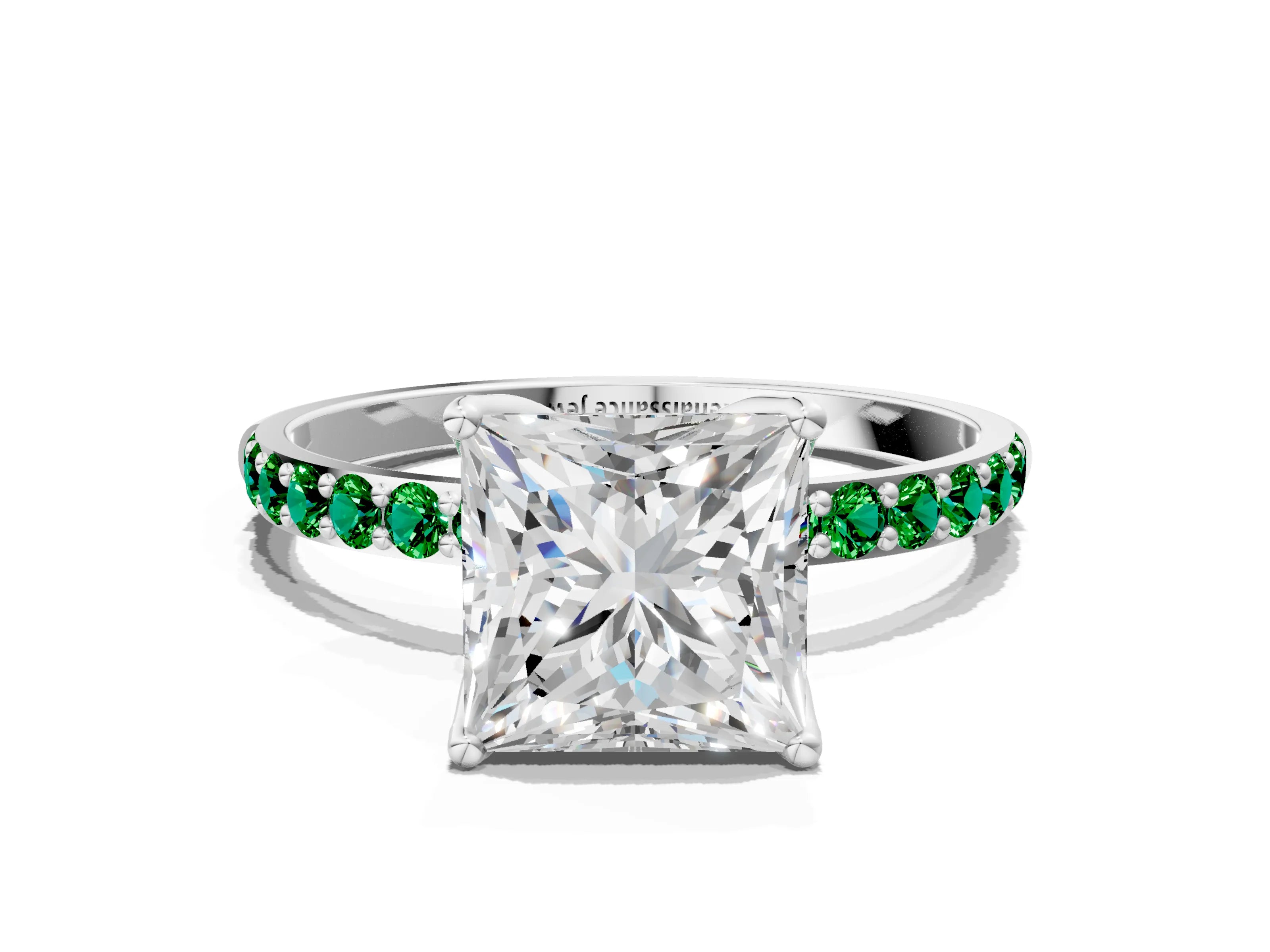 White gold Princess Cut Diamond Solitaire Engagement Ring with Round with Emerald side stone Pavé Band and Prong Setting_12