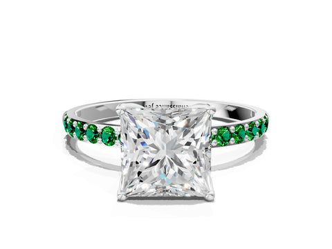 White gold Princess Cut Diamond Solitaire Engagement Ring with Round with Emerald side stone Pavé Band and Prong Setting_12