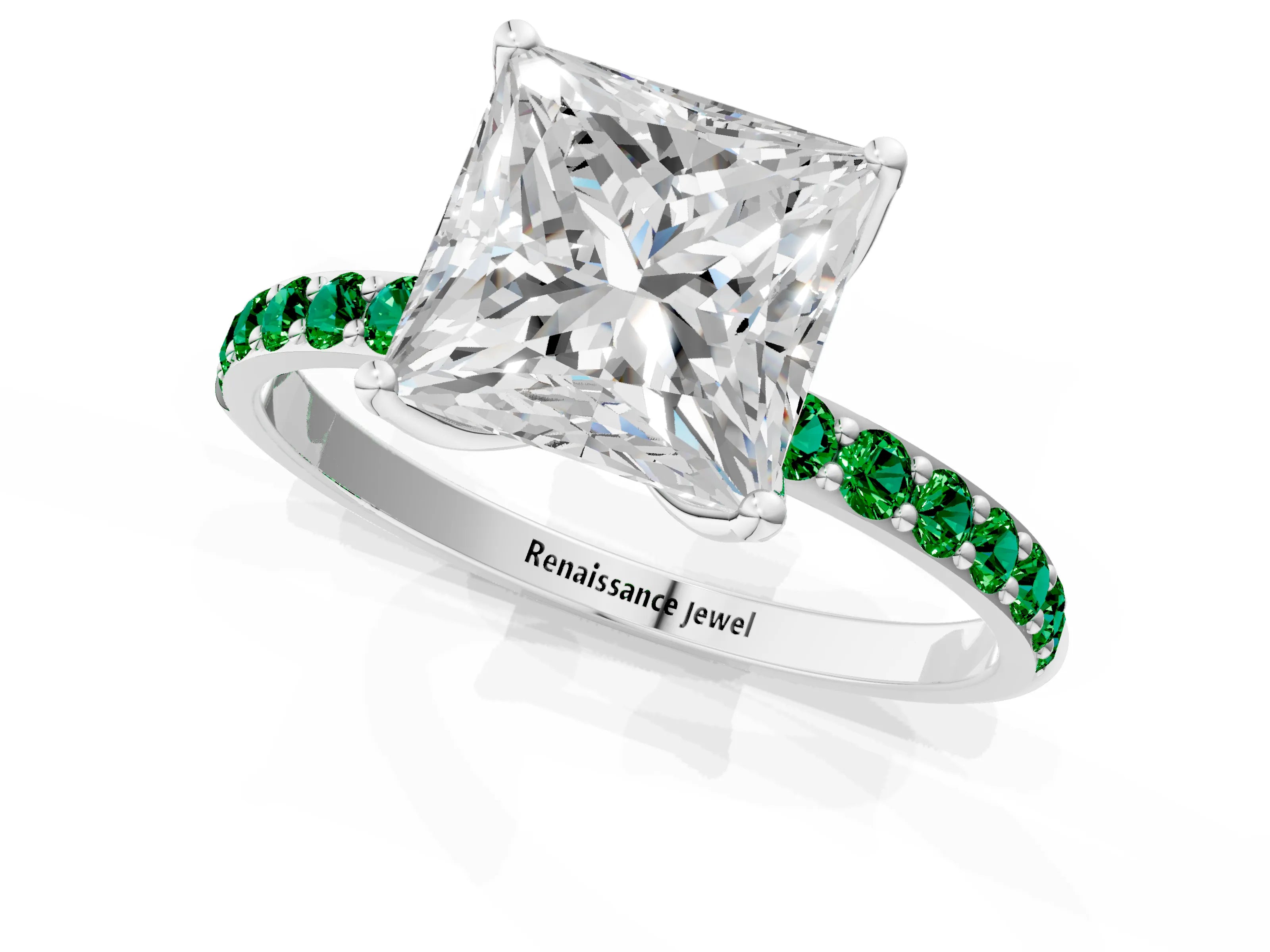 White gold Princess Cut Diamond Solitaire Engagement Ring with Round with Emerald side stone Pavé Band and Prong Setting_13