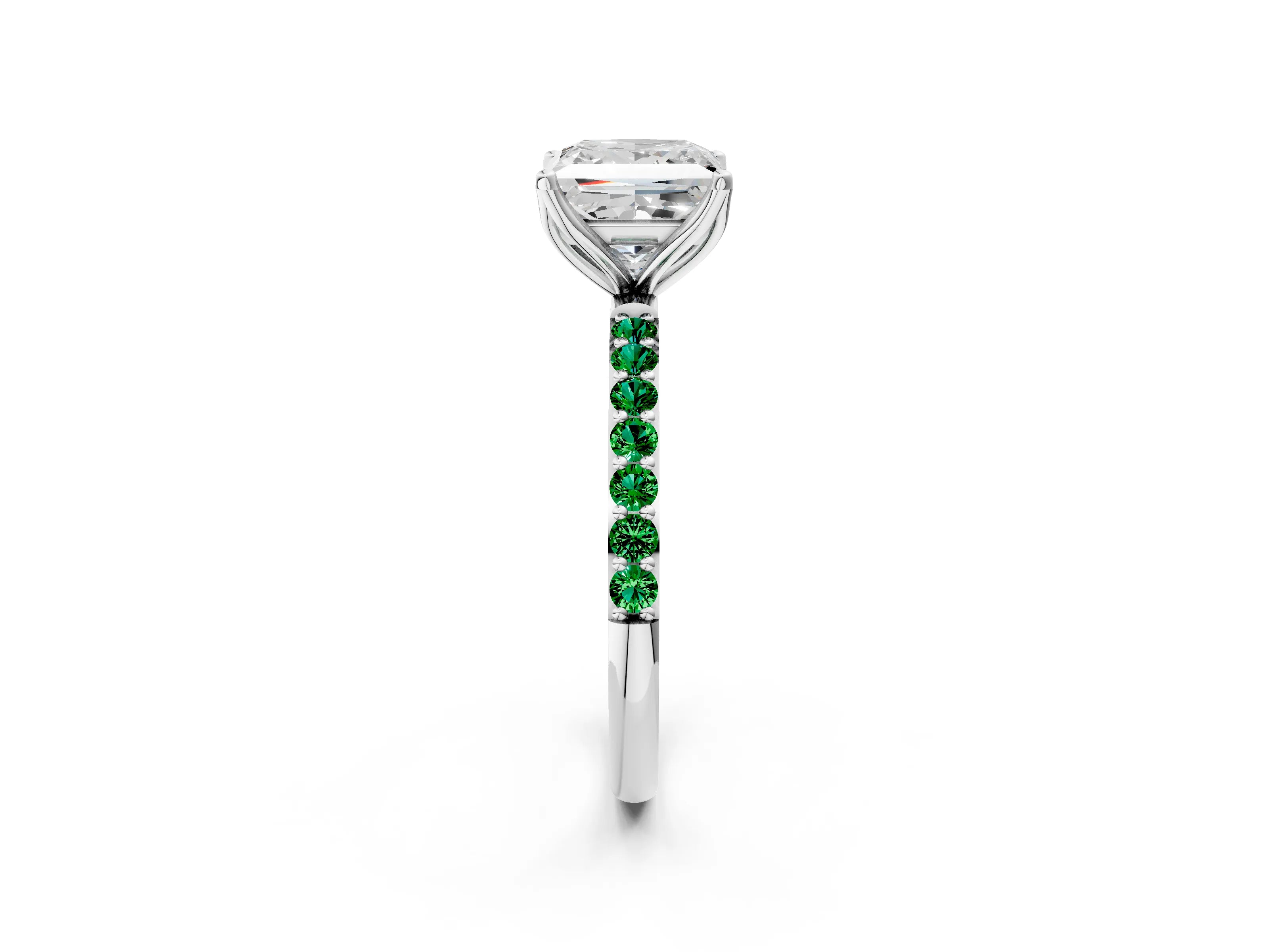 White gold Princess Cut Diamond Solitaire Engagement Ring with Round with Emerald side stone Pavé Band and Prong Setting_14