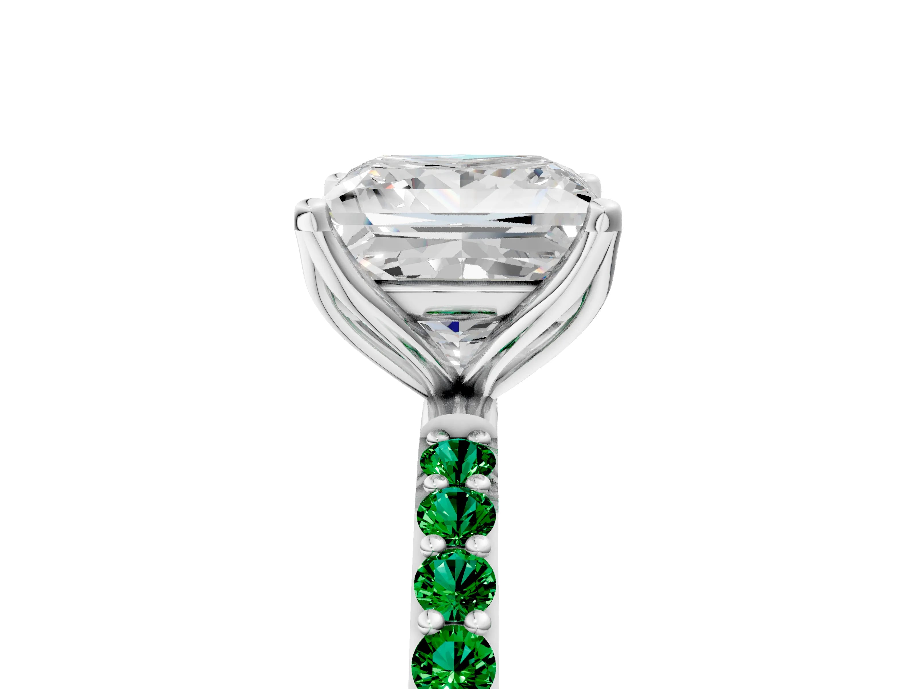White gold Princess Cut Diamond Solitaire Engagement Ring with Round with Emerald side stone Pavé Band and Prong Setting_17