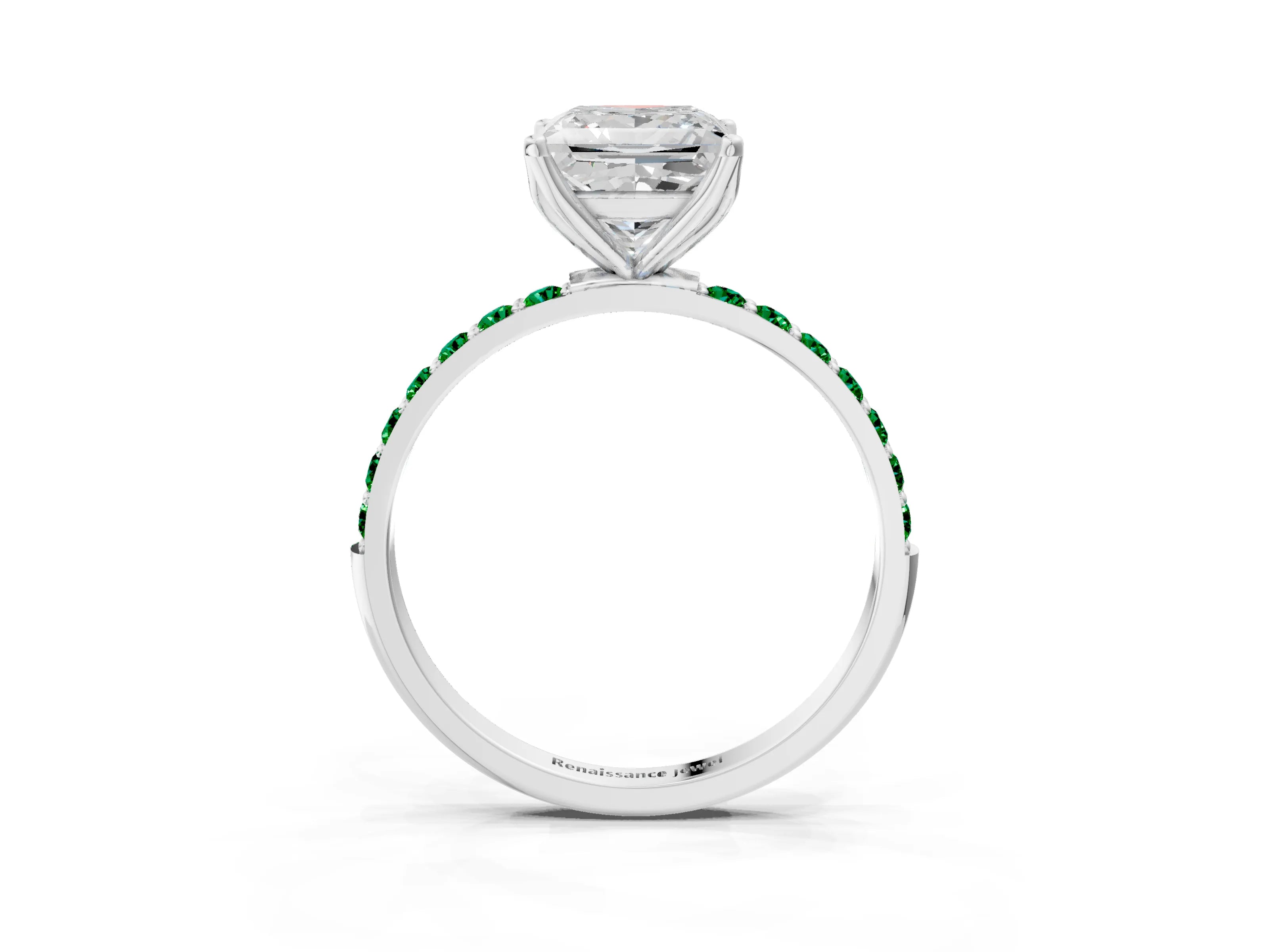 White gold Princess Cut Diamond Solitaire Engagement Ring with Round with Emerald side stone Pavé Band and Prong Setting_27