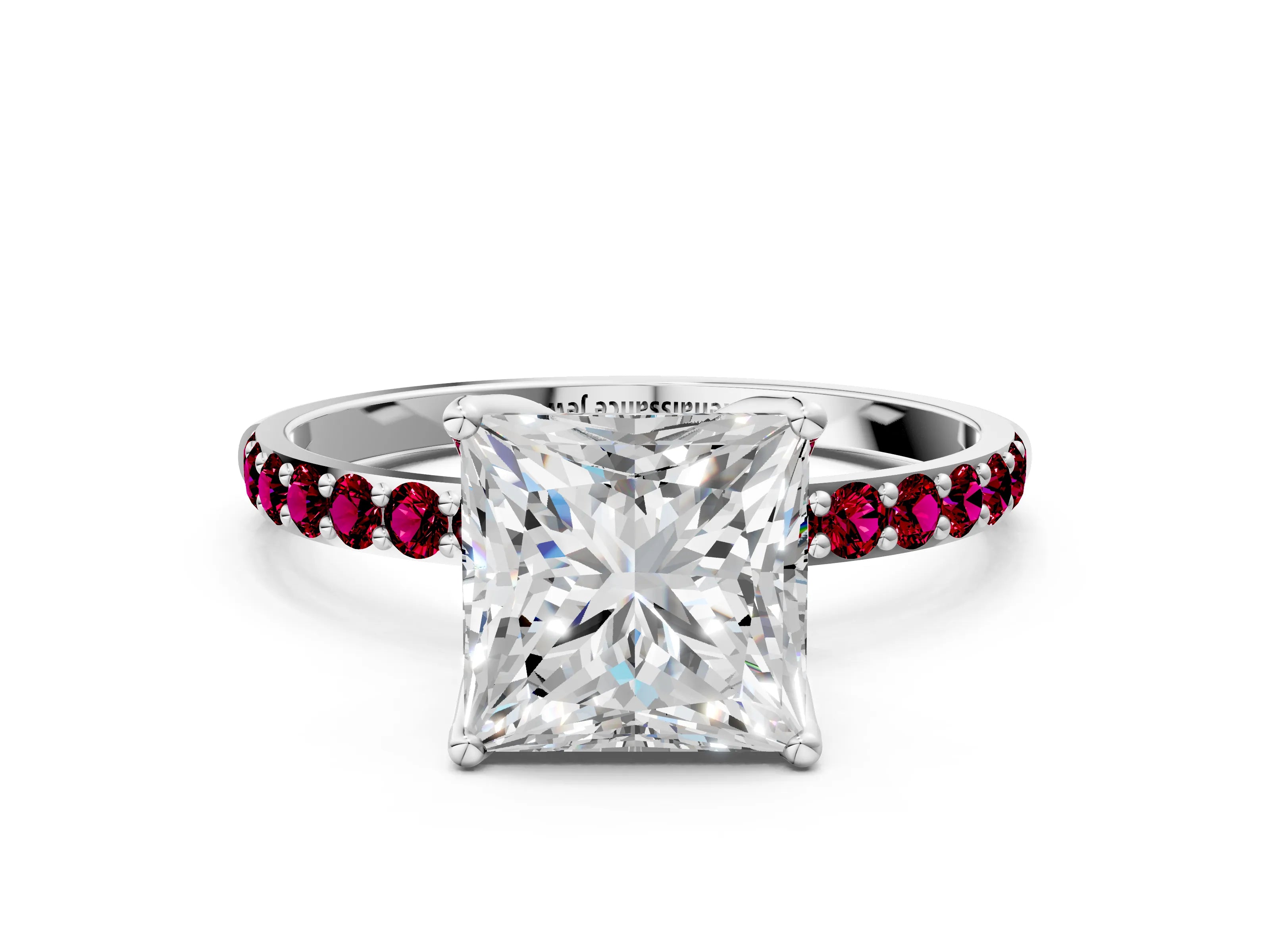 White gold Princess Cut Diamond Solitaire Engagement Ring with Round with Garnet side stone Pavé Band and Prong Setting_12