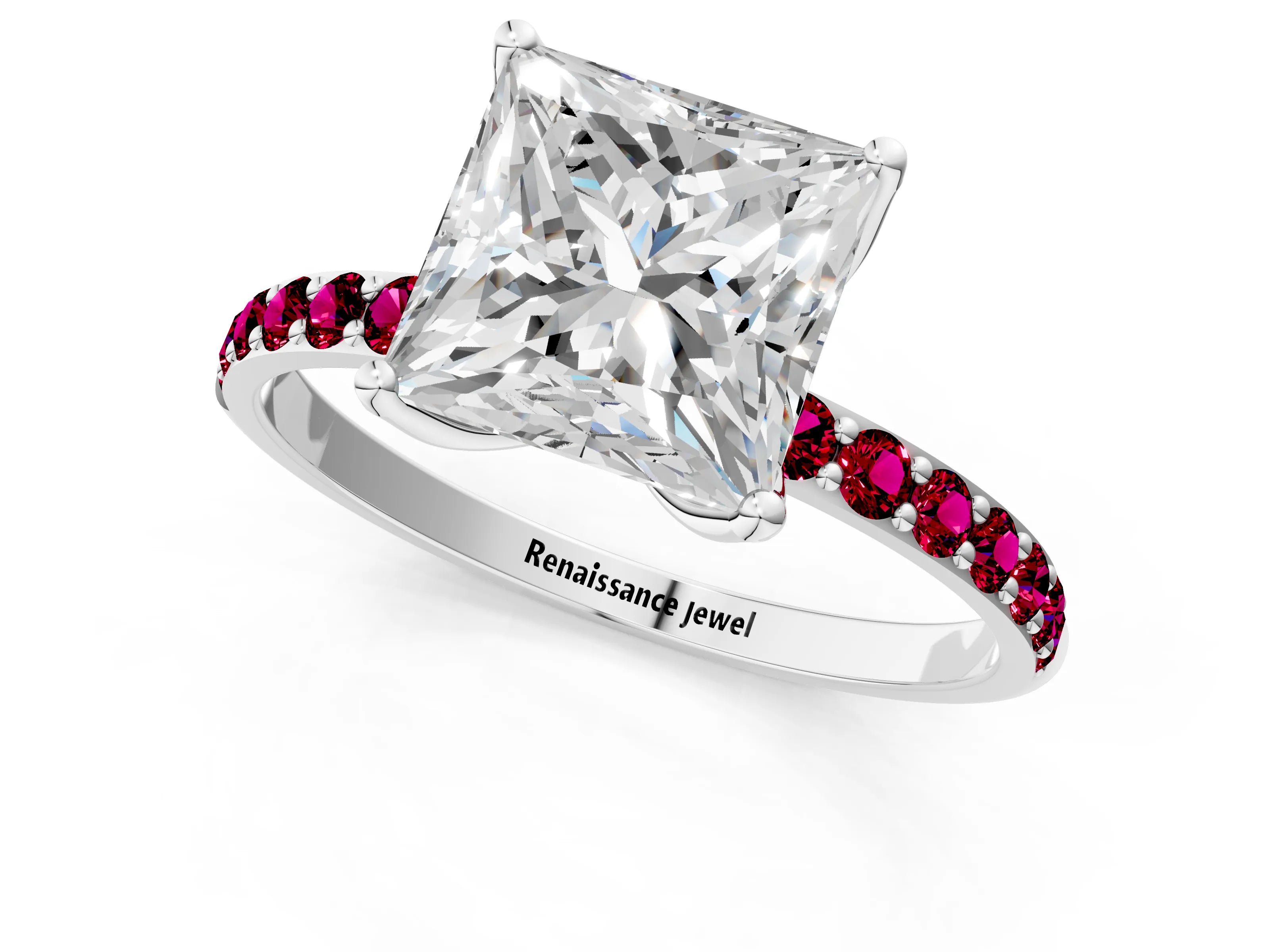 White gold Princess Cut Diamond Solitaire Engagement Ring with Round with Garnet side stone Pavé Band and Prong Setting_13