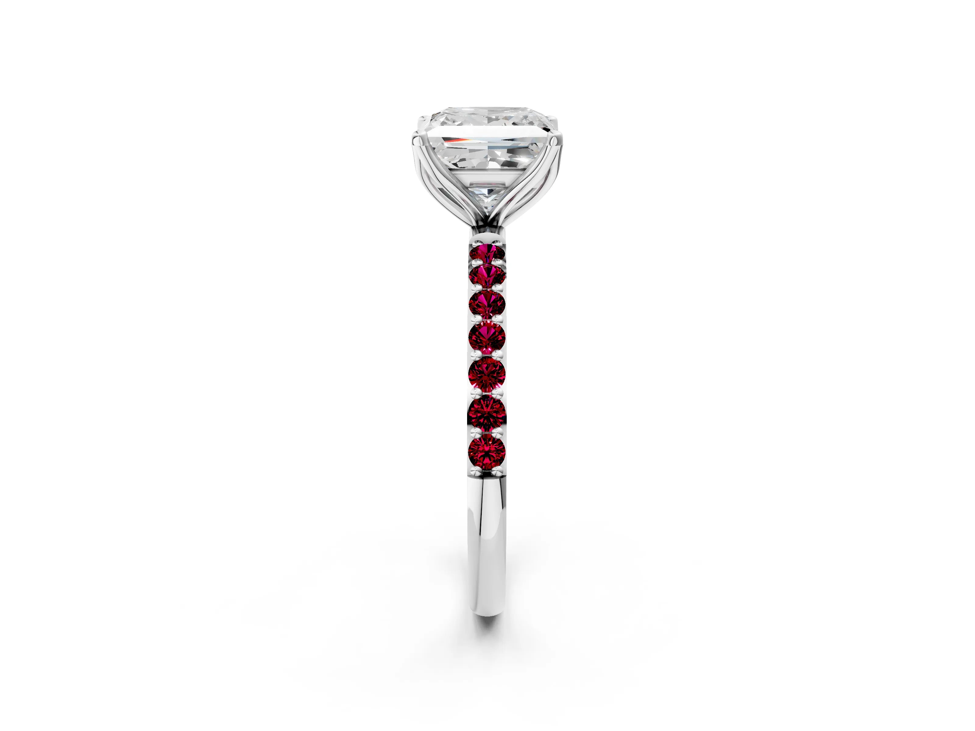 White gold Princess Cut Diamond Solitaire Engagement Ring with Round with Garnet side stone Pavé Band and Prong Setting_14