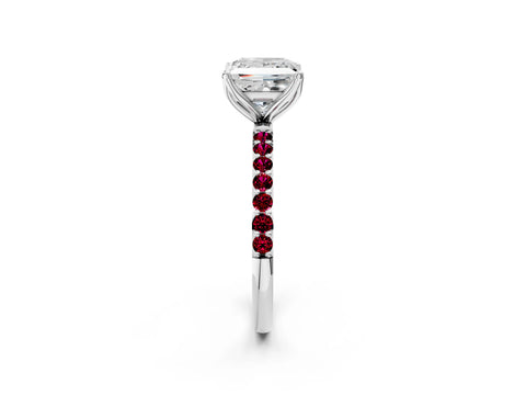 White gold Princess Cut Diamond Solitaire Engagement Ring with Round with Garnet side stone Pavé Band and Prong Setting_14