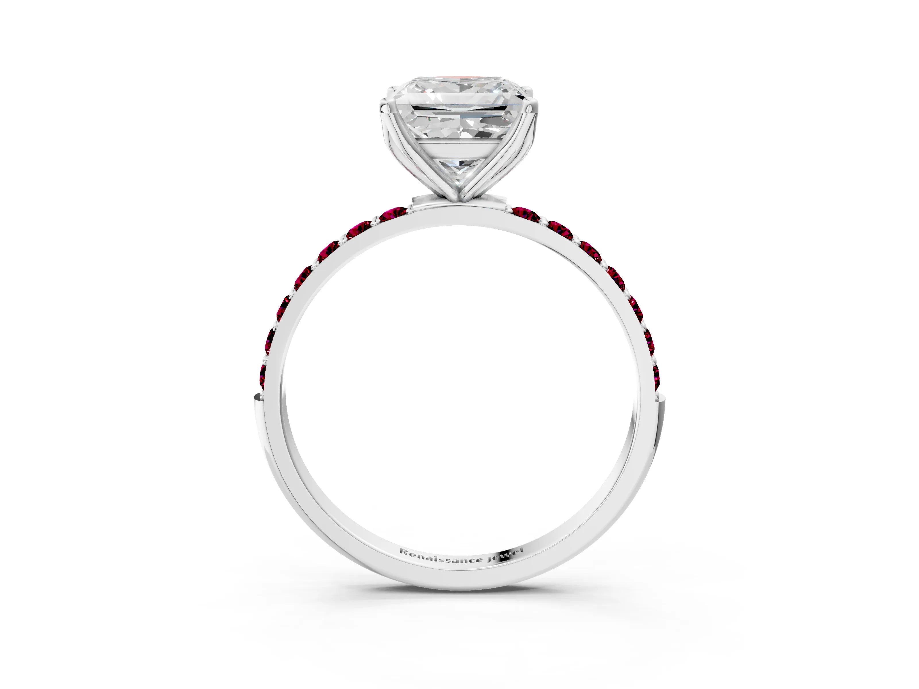 White gold Princess Cut Diamond Solitaire Engagement Ring with Round with Garnet side stone Pavé Band and Prong Setting_15