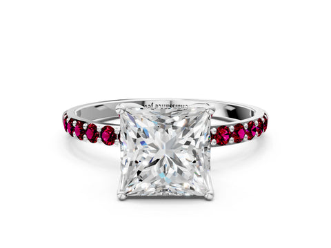 White gold Princess Cut Diamond Solitaire Engagement Ring with Round with Garnet side stone Pavé Band and Prong Setting_24