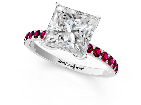 White gold Princess Cut Diamond Solitaire Engagement Ring with Round with Garnet side stone Pavé Band and Prong Setting_25