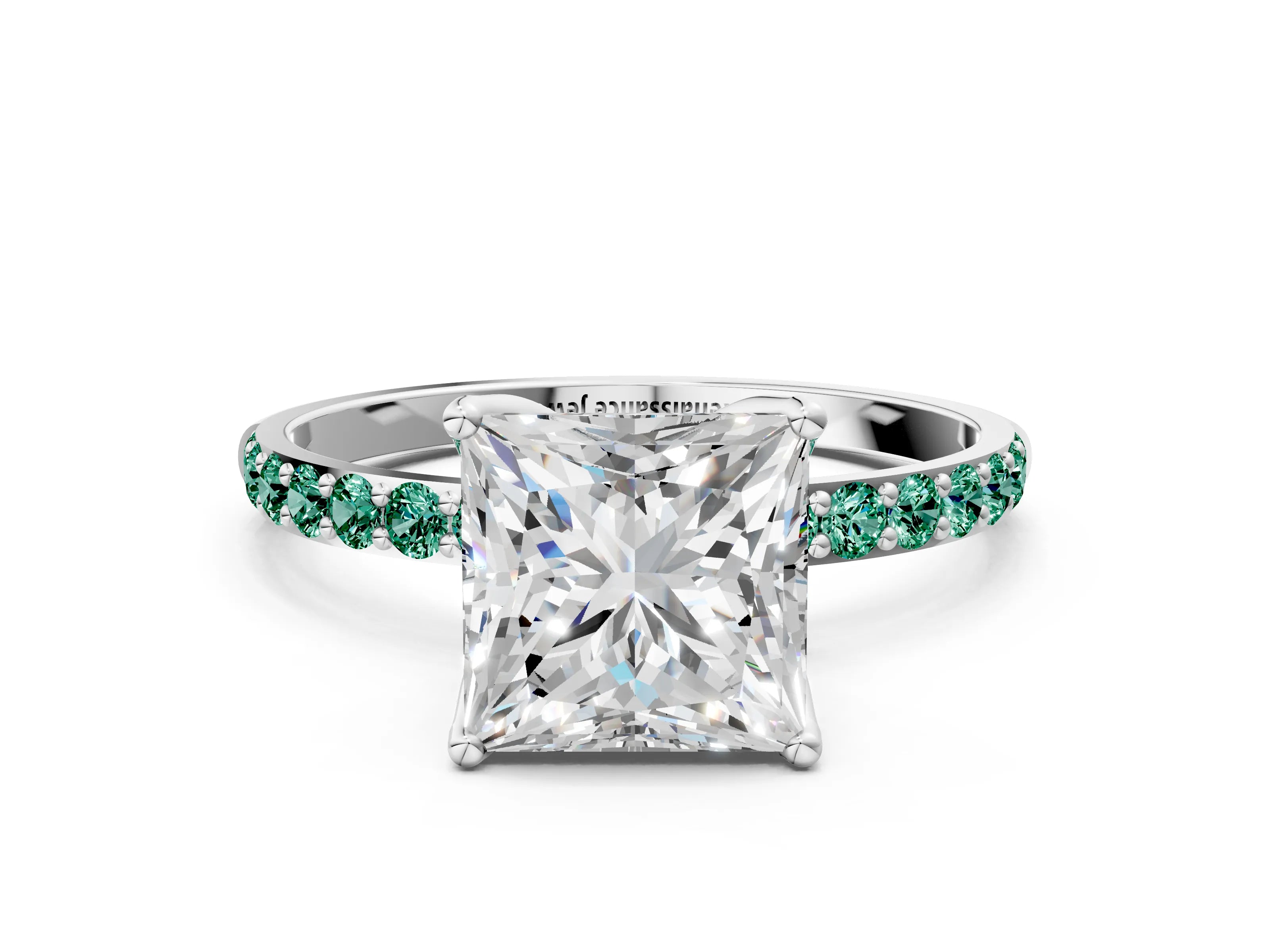 White gold Princess Cut Diamond Solitaire Engagement Ring with Round with Green Sapphire side stone Pavé Band and Prong Setting_12