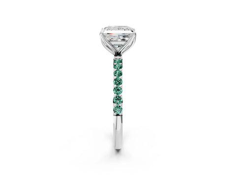 White gold Princess Cut Diamond Solitaire Engagement Ring with Round with Green Sapphire side stone Pavé Band and Prong Setting_14