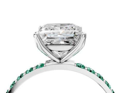 White gold Princess Cut Diamond Solitaire Engagement Ring with Round with Green Sapphire side stone Pavé Band and Prong Setting_16
