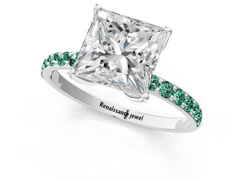 White gold Princess Cut Diamond Solitaire Engagement Ring with Round with Green Sapphire side stone Pavé Band and Prong Setting_1