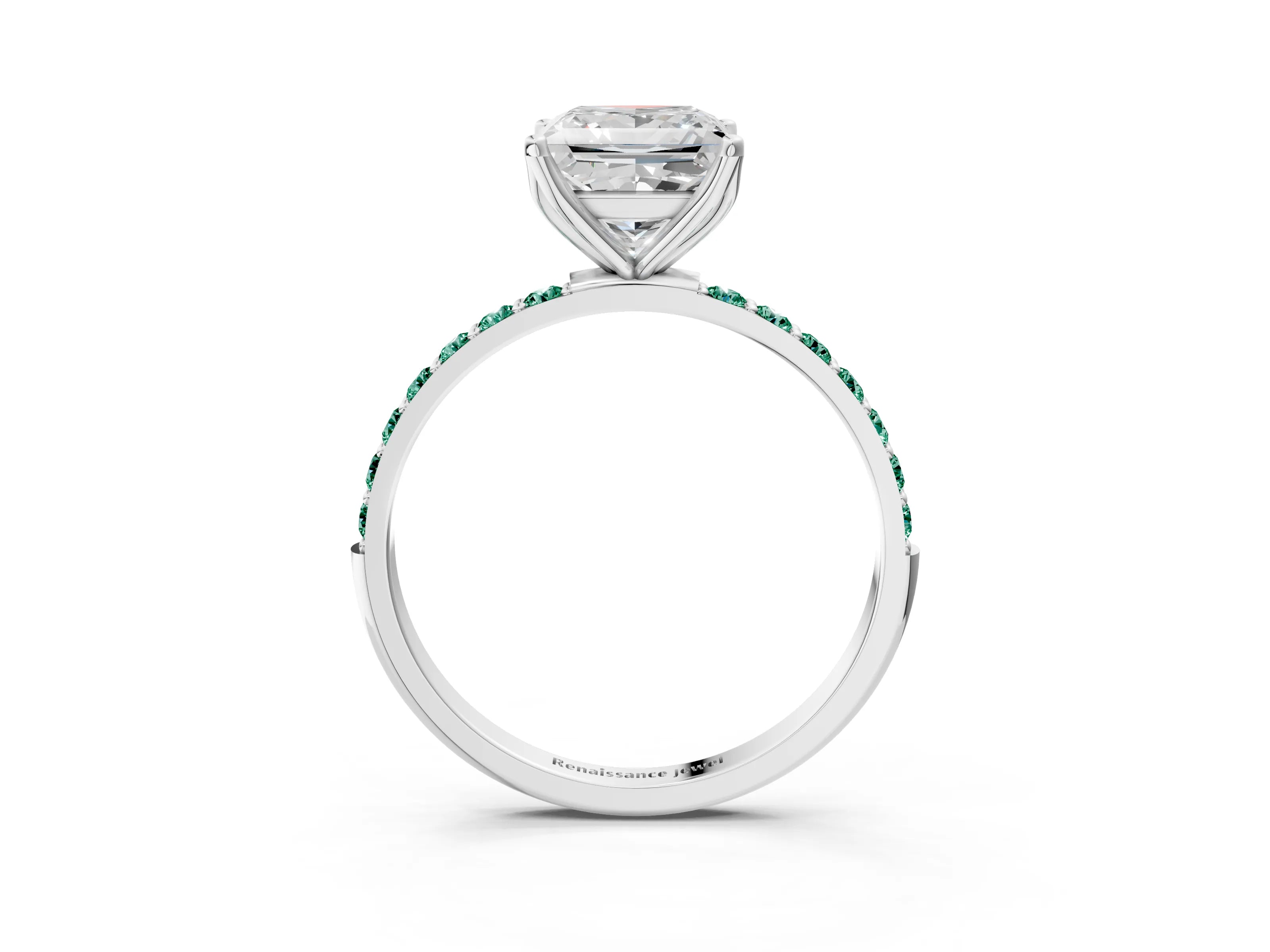 White gold Princess Cut Diamond Solitaire Engagement Ring with Round with Green Sapphire side stone Pavé Band and Prong Setting_3