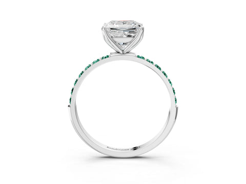 White gold Princess Cut Diamond Solitaire Engagement Ring with Round with Green Sapphire side stone Pavé Band and Prong Setting_3