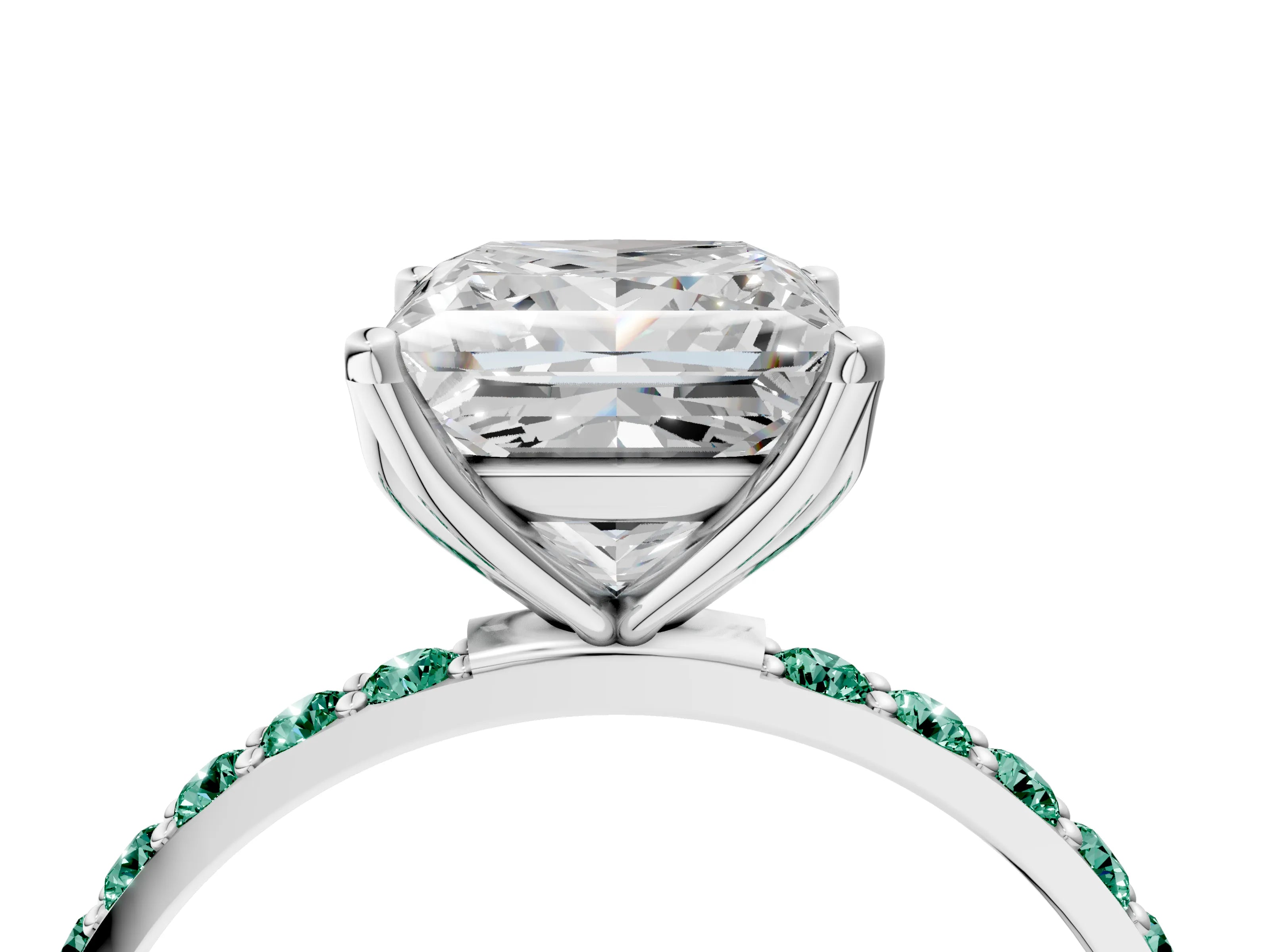 White gold Princess Cut Diamond Solitaire Engagement Ring with Round with Green Sapphire side stone Pavé Band and Prong Setting_4