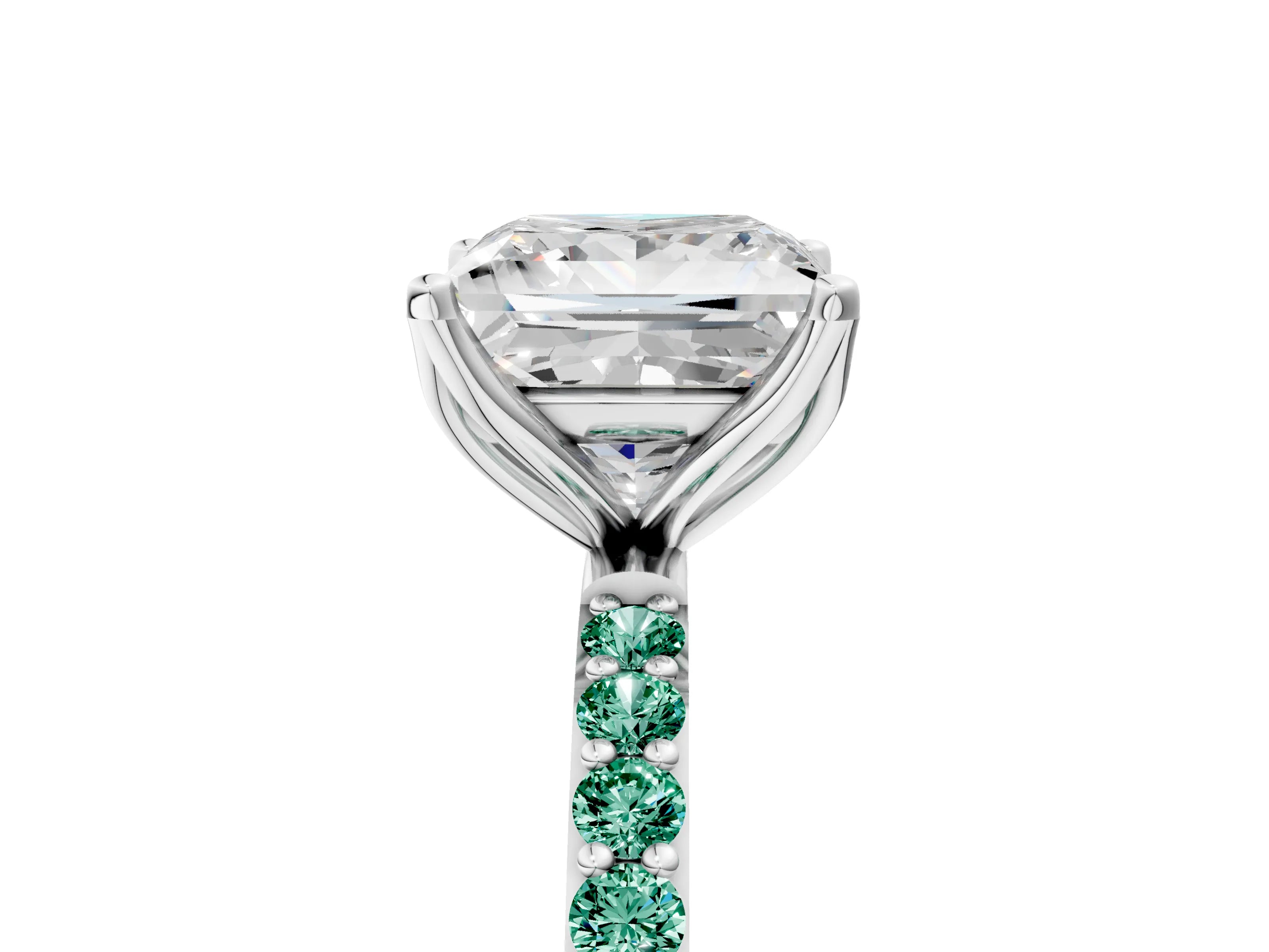 White gold Princess Cut Diamond Solitaire Engagement Ring with Round with Green Sapphire side stone Pavé Band and Prong Setting_5