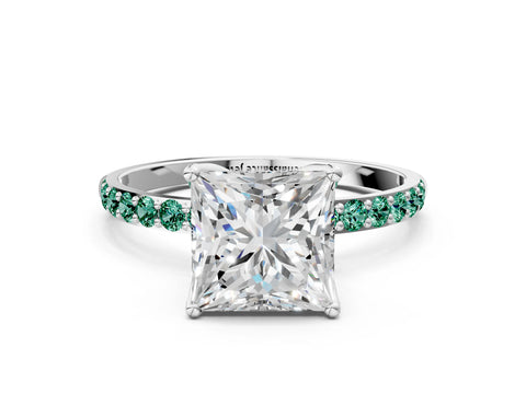 White gold Princess Cut Diamond Solitaire Engagement Ring with Round with Green Sapphire side stone Pavé Band and Prong Setting