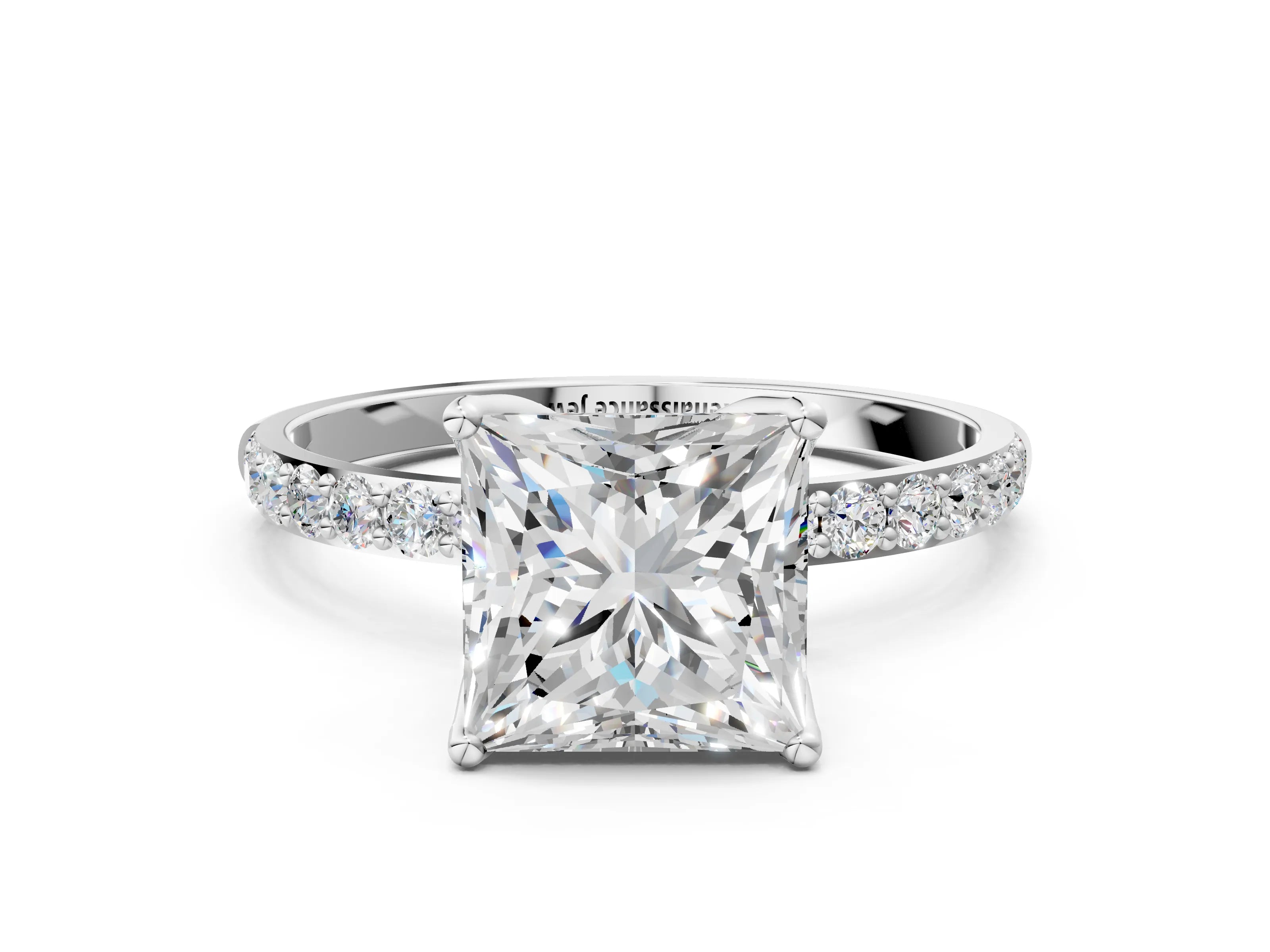 White gold Princess Cut Diamond Solitaire Engagement Ring with Round with Moissanite side stone Pavé Band and Prong Setting_12