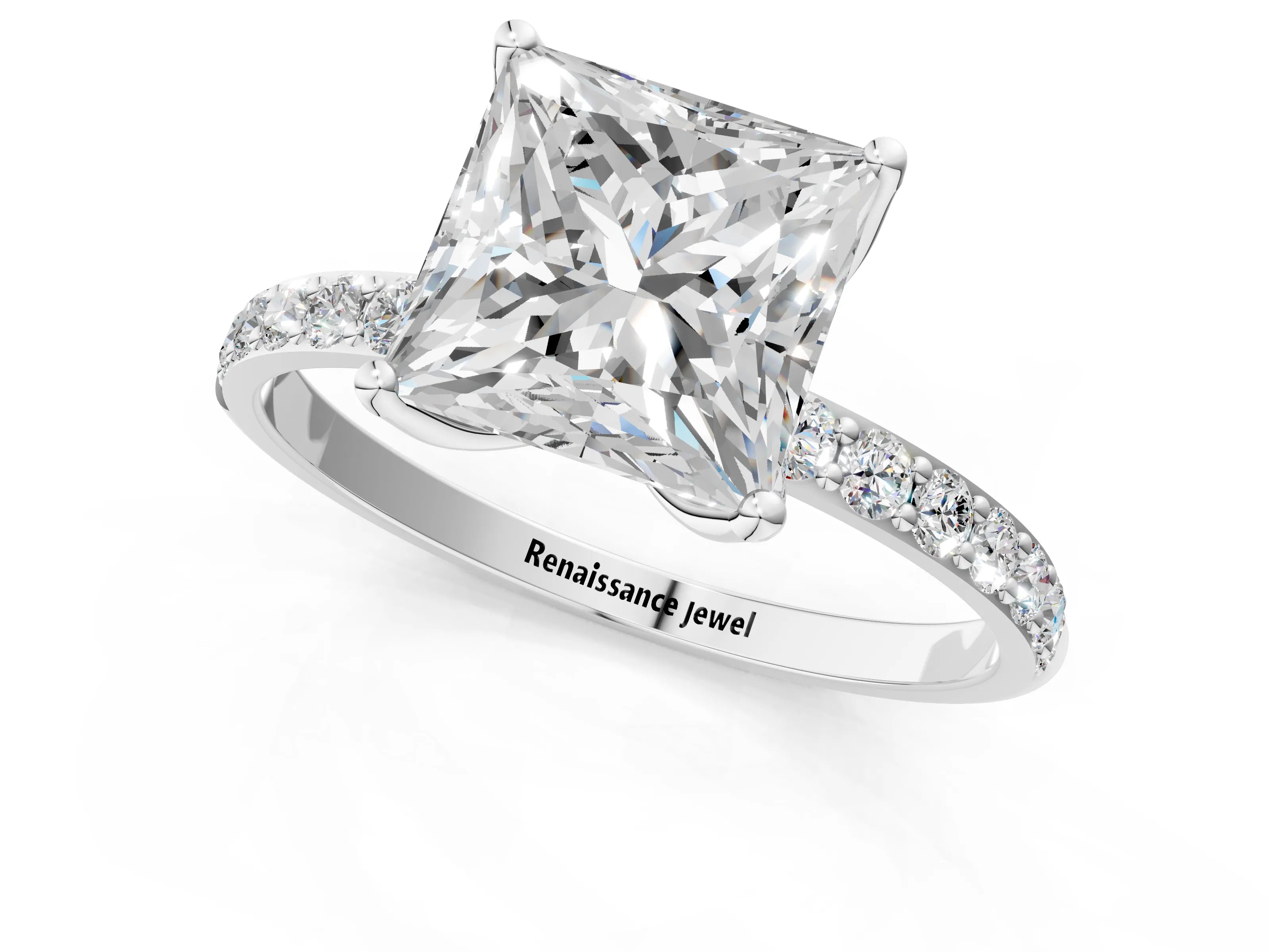 White gold Princess Cut Diamond Solitaire Engagement Ring with Round with Moissanite side stone Pavé Band and Prong Setting_13