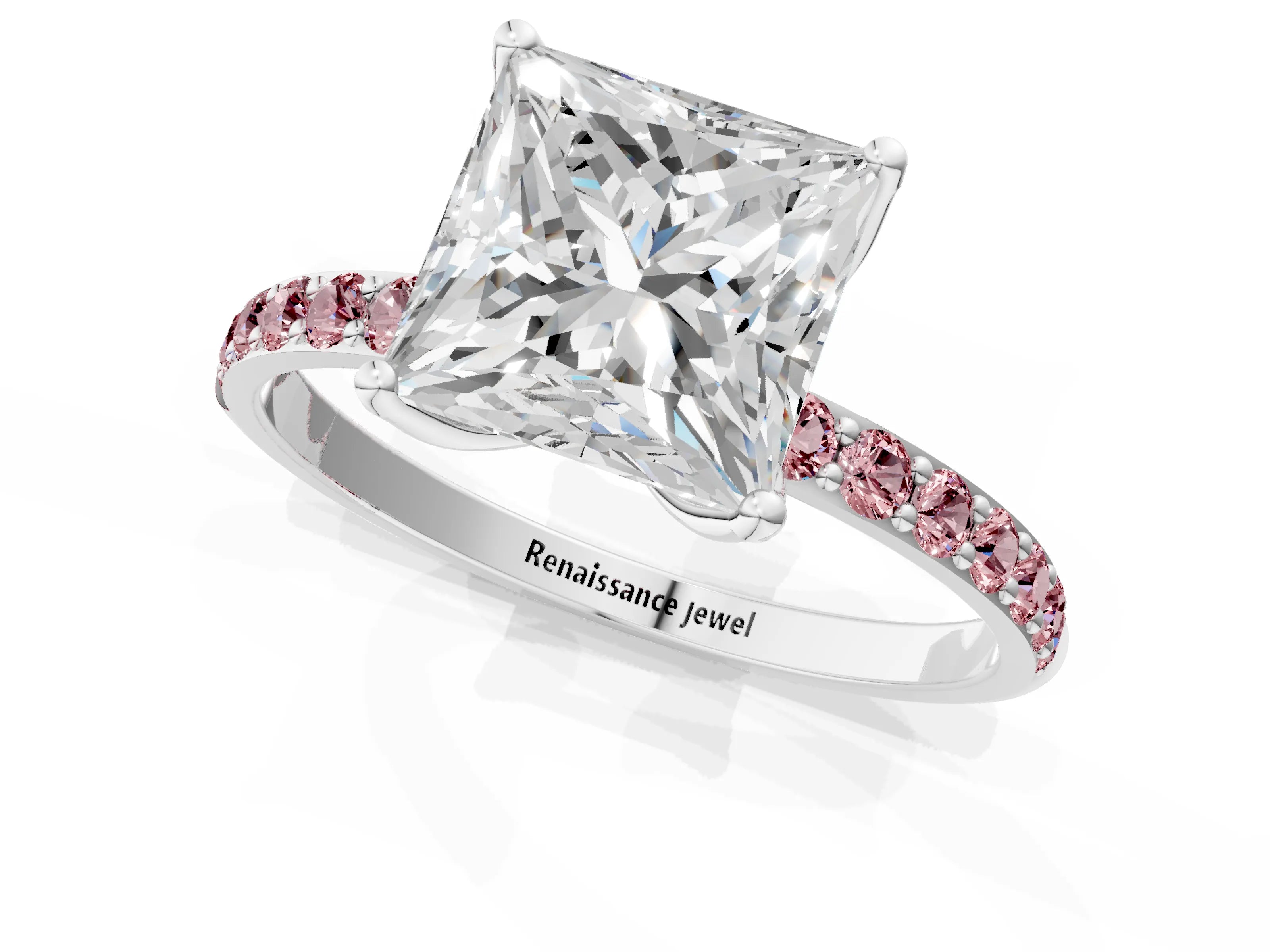 White gold Princess Cut Diamond Solitaire Engagement Ring with Round with Morganite side stone Pavé Band and Prong Setting_13