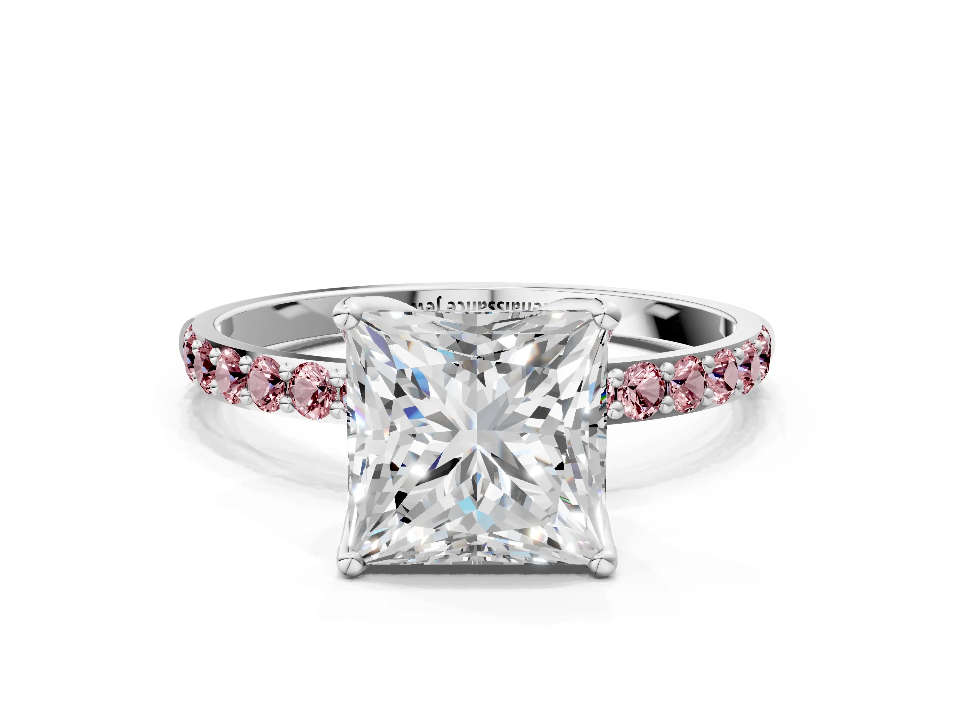 White gold Princess Cut Diamond Solitaire Engagement Ring with Round with Morganite side stone Pavé Band and Prong Setting_24