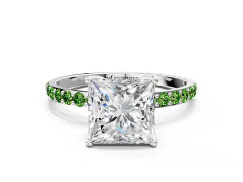 White gold Princess Cut Diamond Solitaire Engagement Ring with Round with Peridot side stone Pavé Band and Prong Setting_12