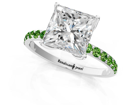 White gold Princess Cut Diamond Solitaire Engagement Ring with Round with Peridot side stone Pavé Band and Prong Setting_1
