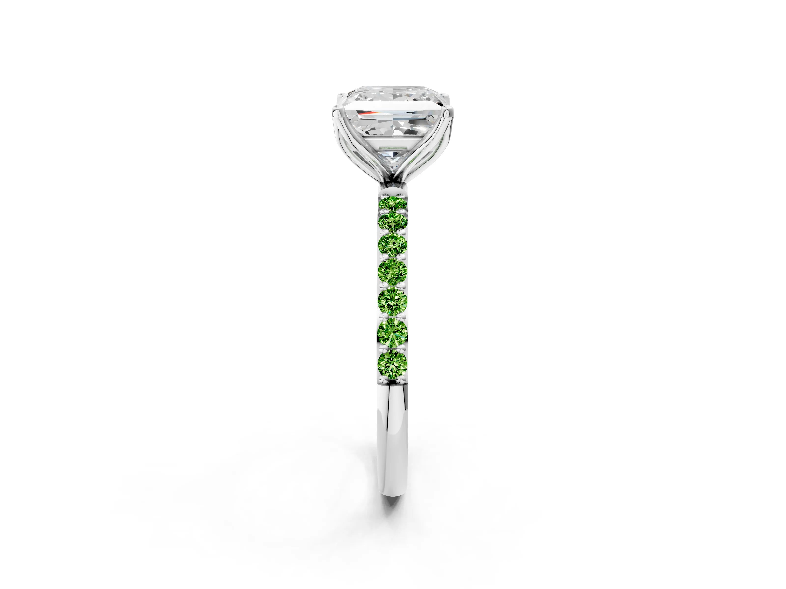 White gold Princess Cut Diamond Solitaire Engagement Ring with Round with Peridot side stone Pavé Band and Prong Setting_2