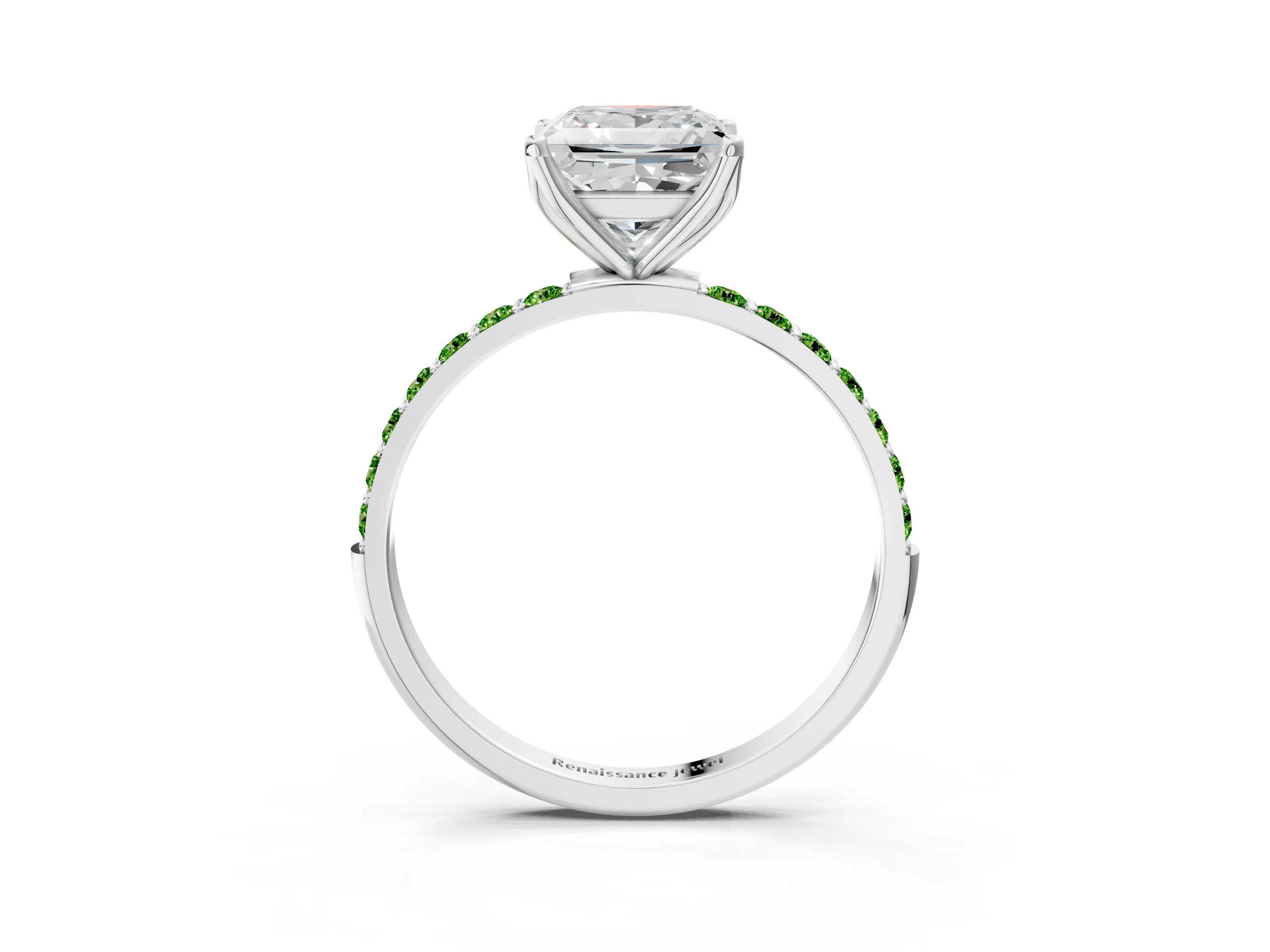 White gold Princess Cut Diamond Solitaire Engagement Ring with Round with Peridot side stone Pavé Band and Prong Setting_3