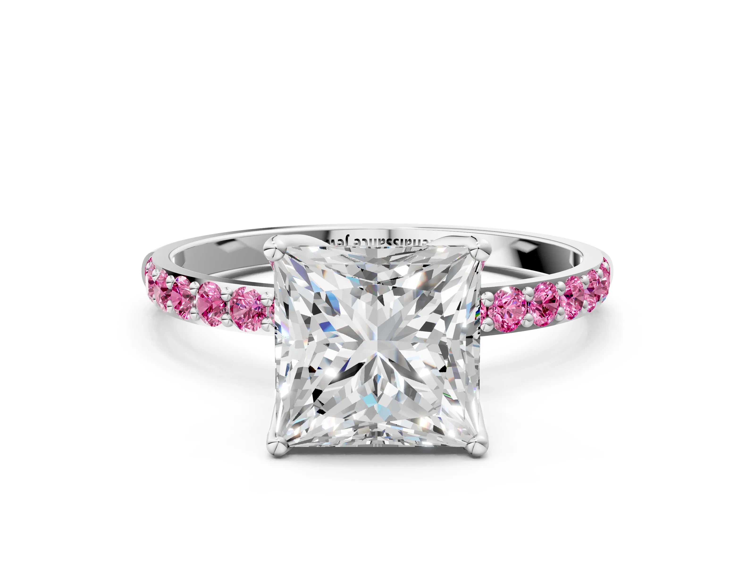 White gold Princess Cut Diamond Solitaire Engagement Ring with Round with Pink Sapphire side stone Pavé Band and Prong Setting_12