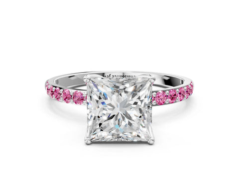 White gold Princess Cut Diamond Solitaire Engagement Ring with Round with Pink Sapphire side stone Pavé Band and Prong Setting_12