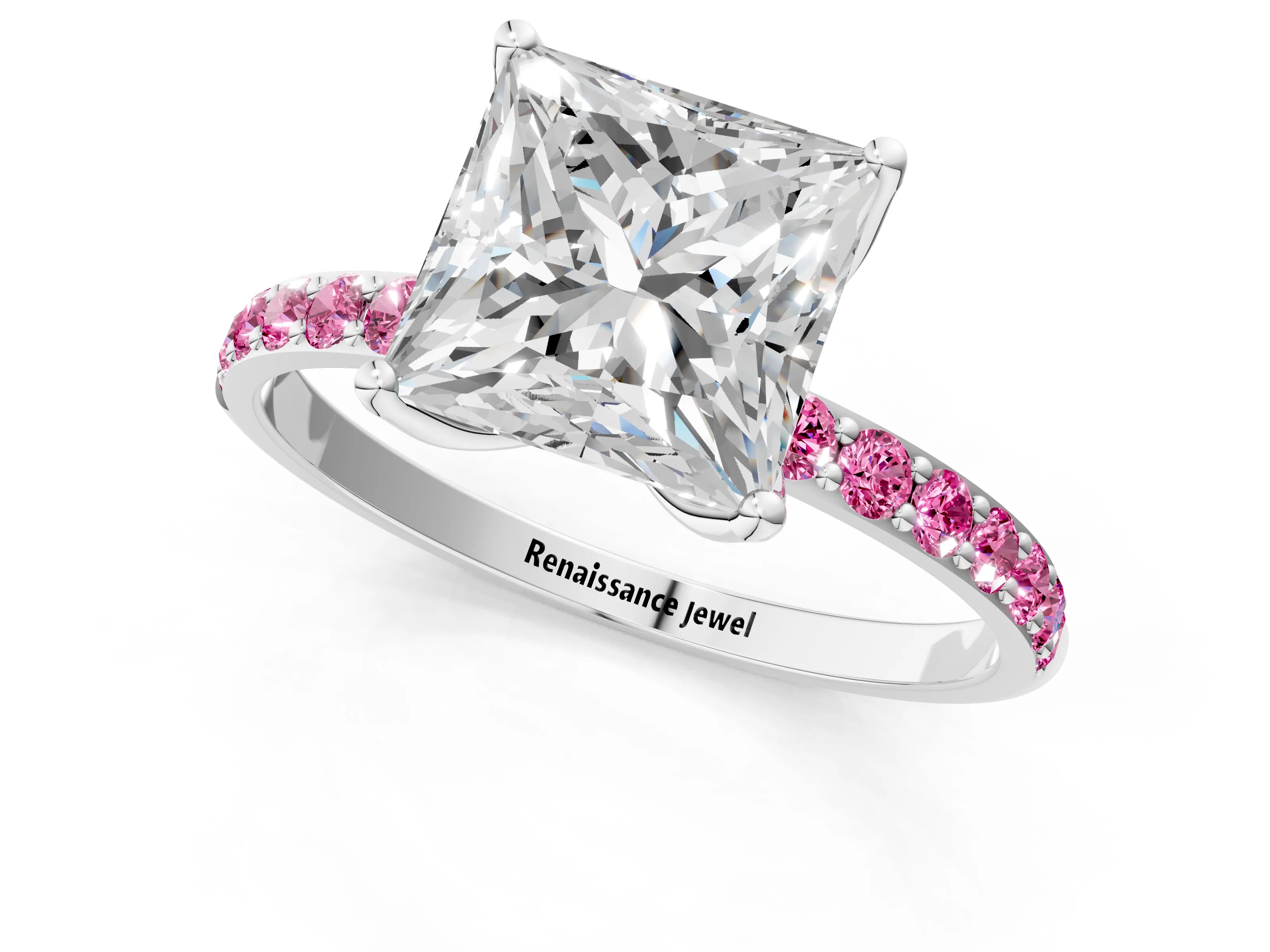 White gold Princess Cut Diamond Solitaire Engagement Ring with Round with Pink Sapphire side stone Pavé Band and Prong Setting_13