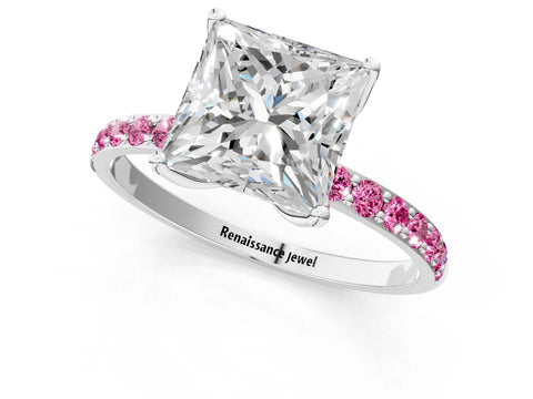 White gold Princess Cut Diamond Solitaire Engagement Ring with Round with Pink Sapphire side stone Pavé Band and Prong Setting_13