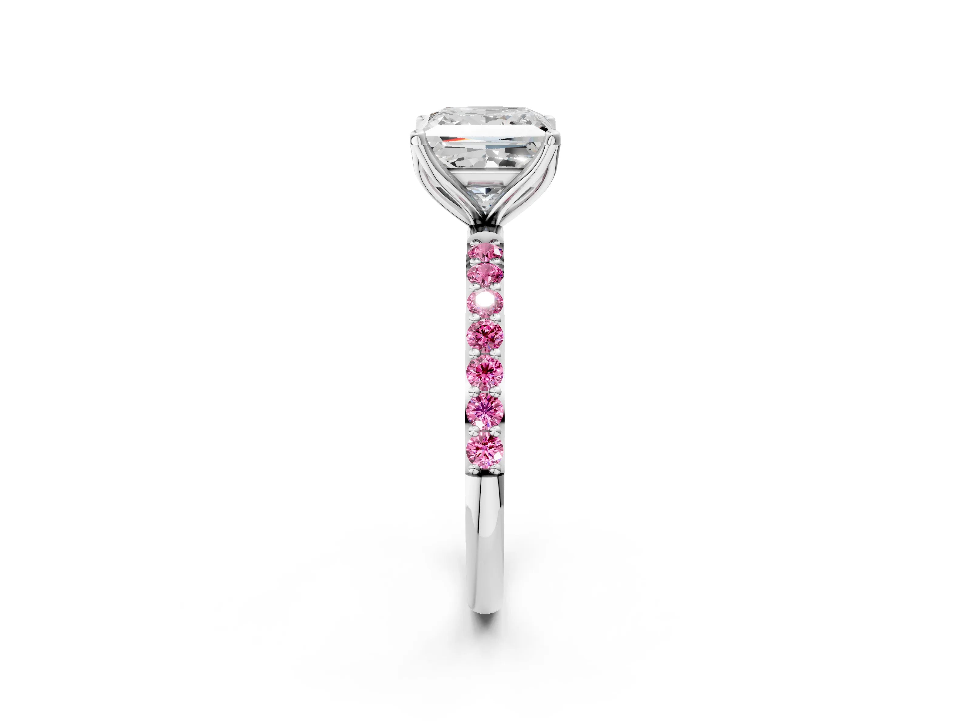 White gold Princess Cut Diamond Solitaire Engagement Ring with Round with Pink Sapphire side stone Pavé Band and Prong Setting_14