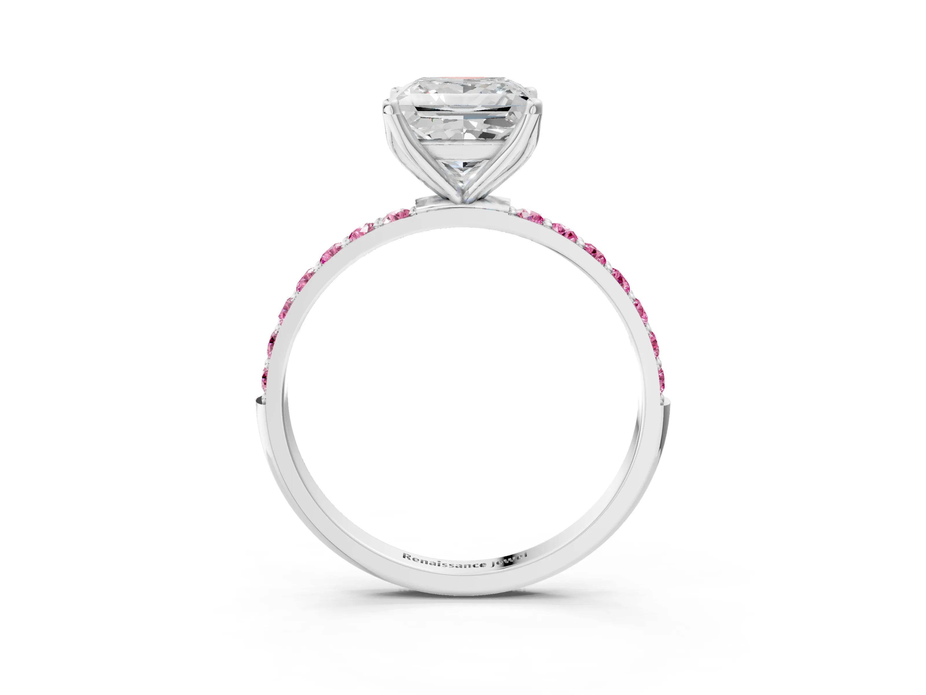 White gold Princess Cut Diamond Solitaire Engagement Ring with Round with Pink Sapphire side stone Pavé Band and Prong Setting_15