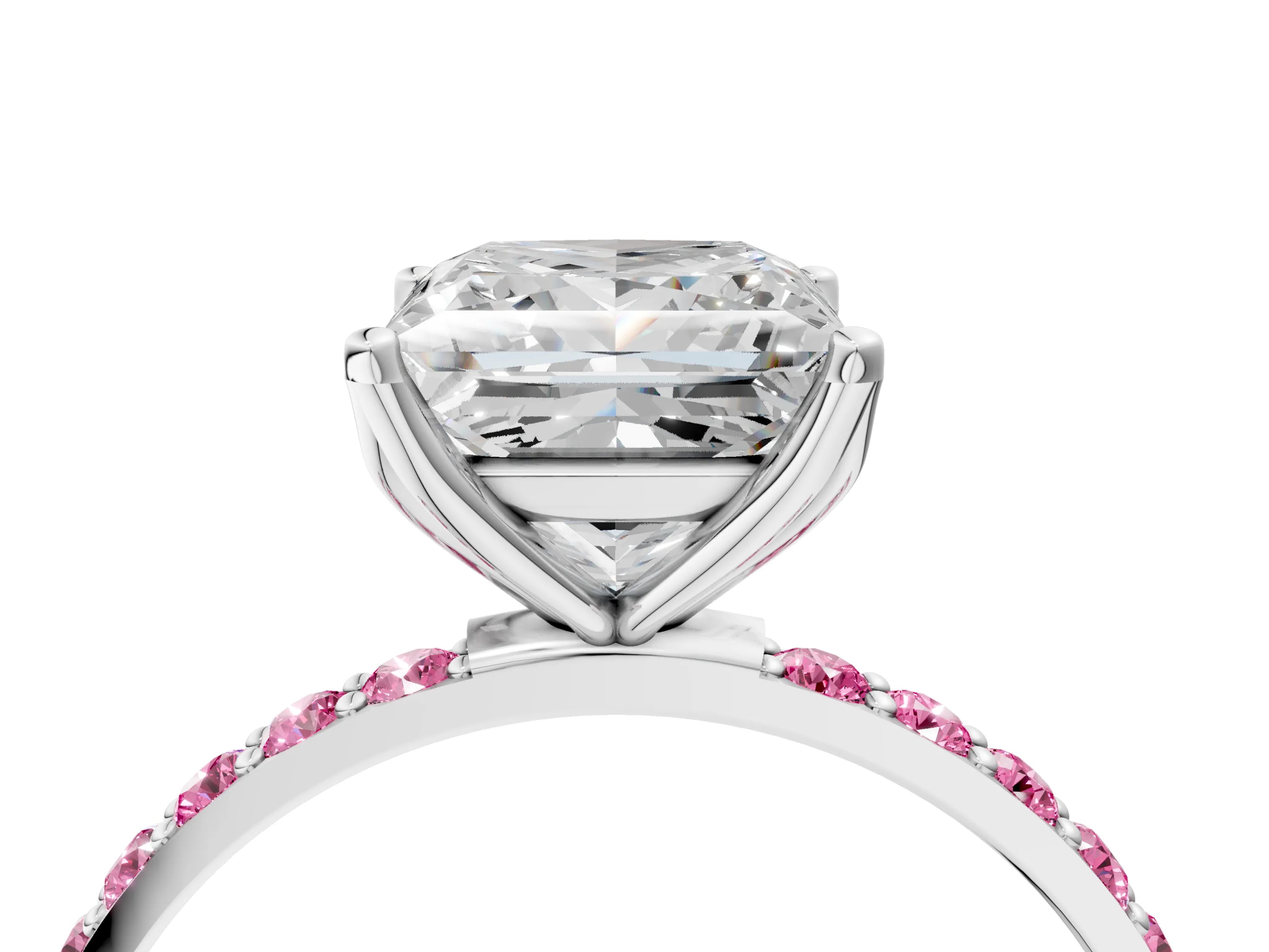 White gold Princess Cut Diamond Solitaire Engagement Ring with Round with Pink Sapphire side stone Pavé Band and Prong Setting_16