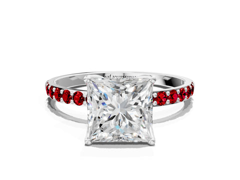 White gold Princess Cut Diamond Solitaire Engagement Ring with Round with Ruby side stone Pavé Band and Prong Setting_12