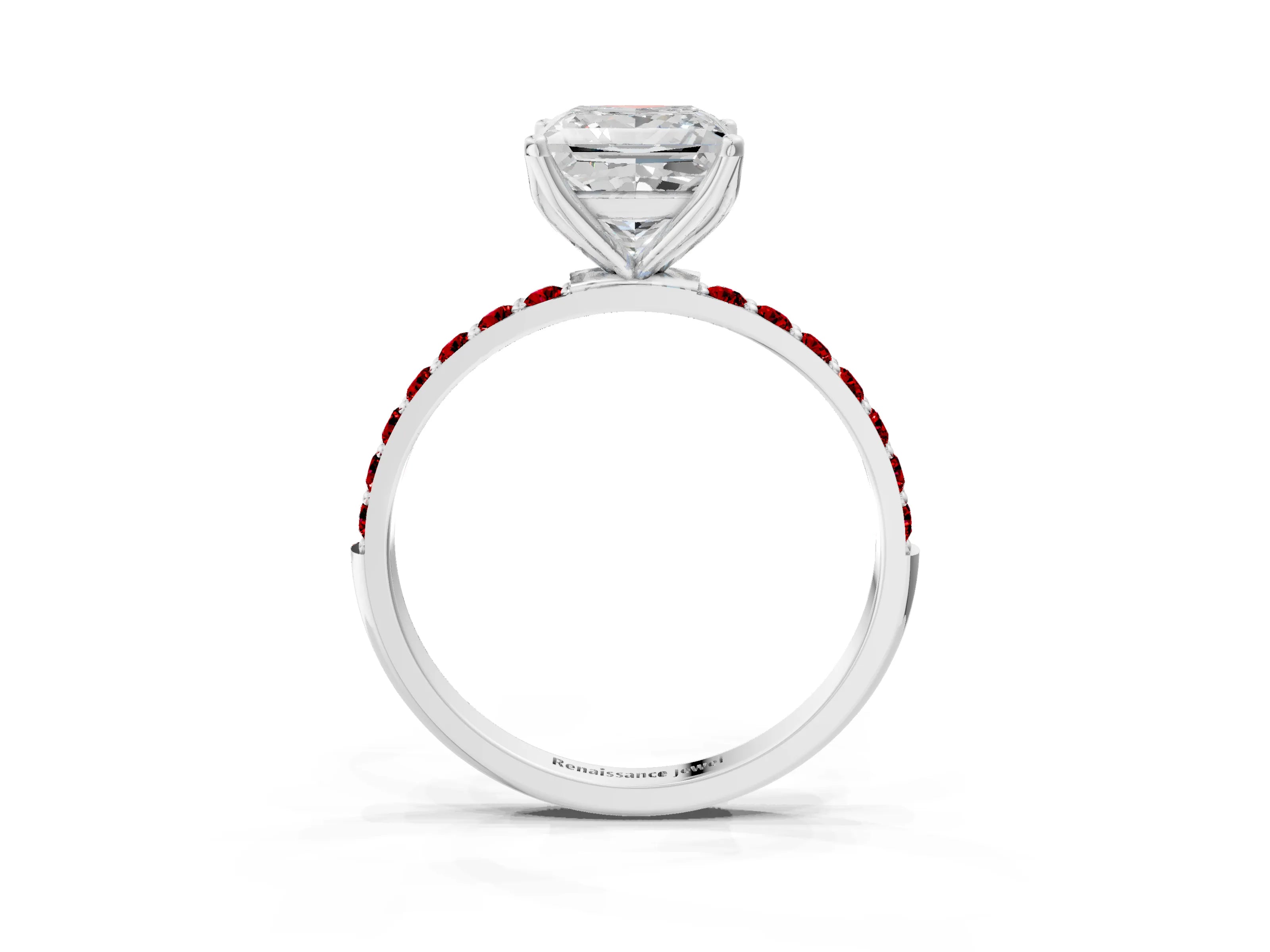 White gold Princess Cut Diamond Solitaire Engagement Ring with Round with Ruby side stone Pavé Band and Prong Setting_15