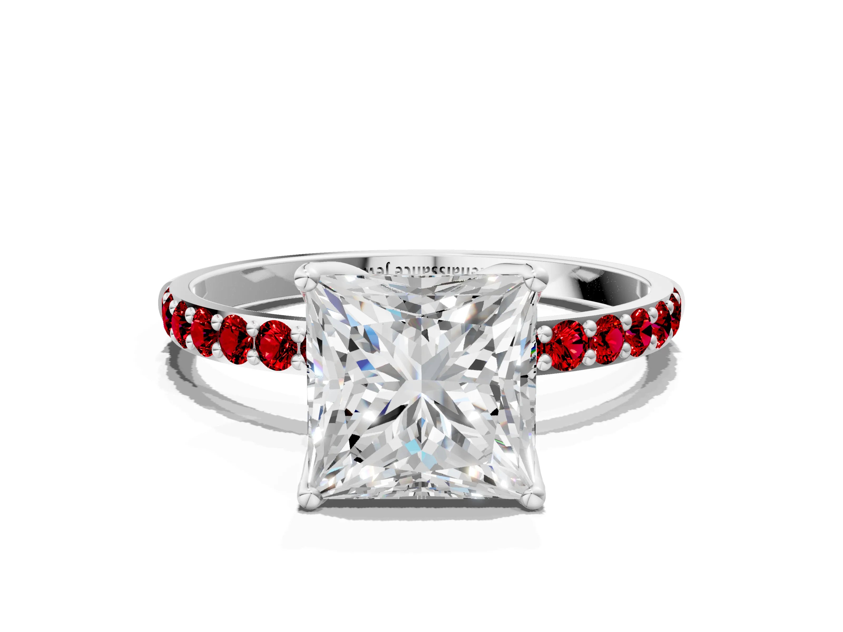 White gold Princess Cut Diamond Solitaire Engagement Ring with Round with Ruby side stone Pavé Band and Prong Setting_24