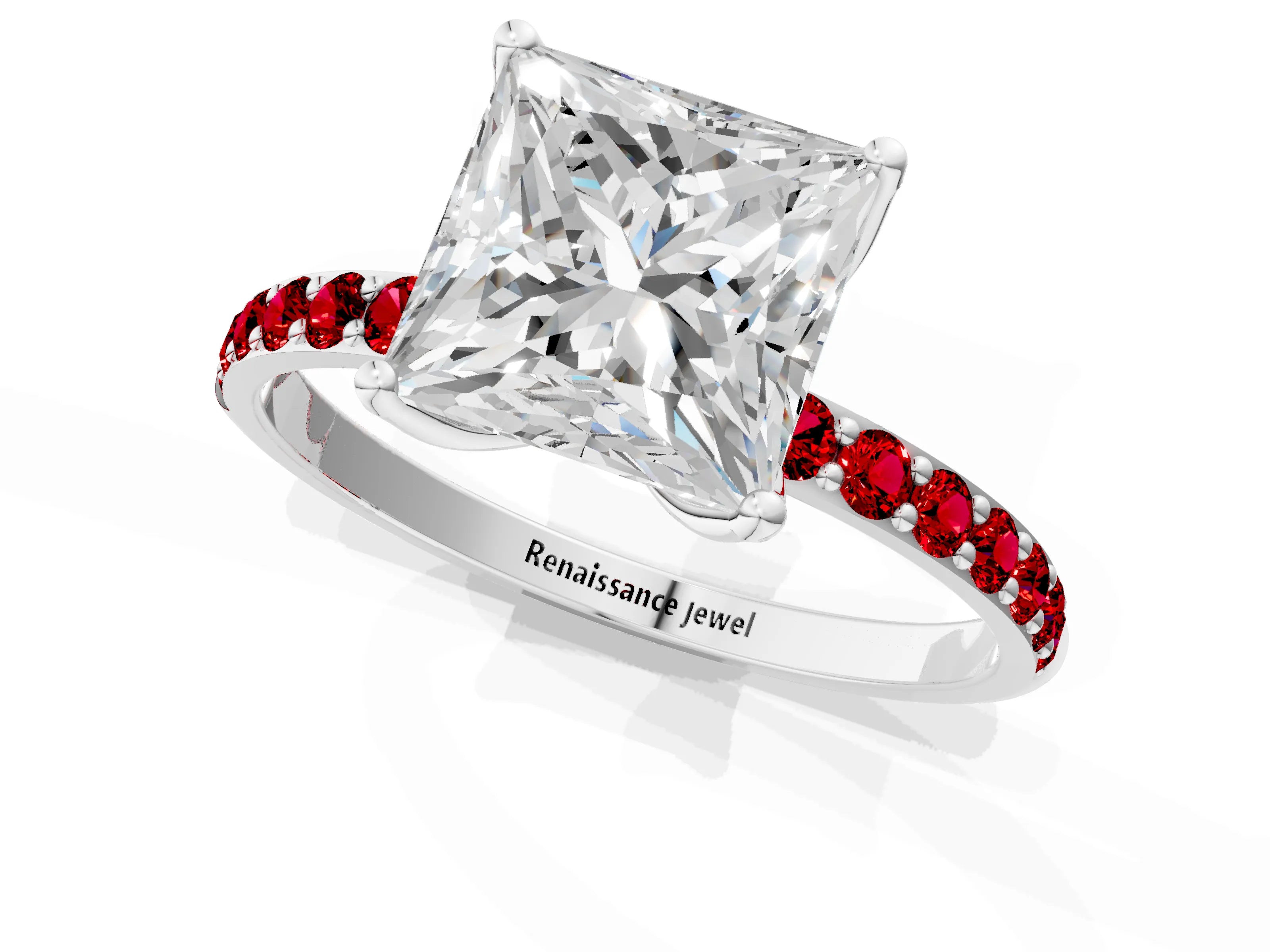 White gold Princess Cut Diamond Solitaire Engagement Ring with Round with Ruby side stone Pavé Band and Prong Setting_25