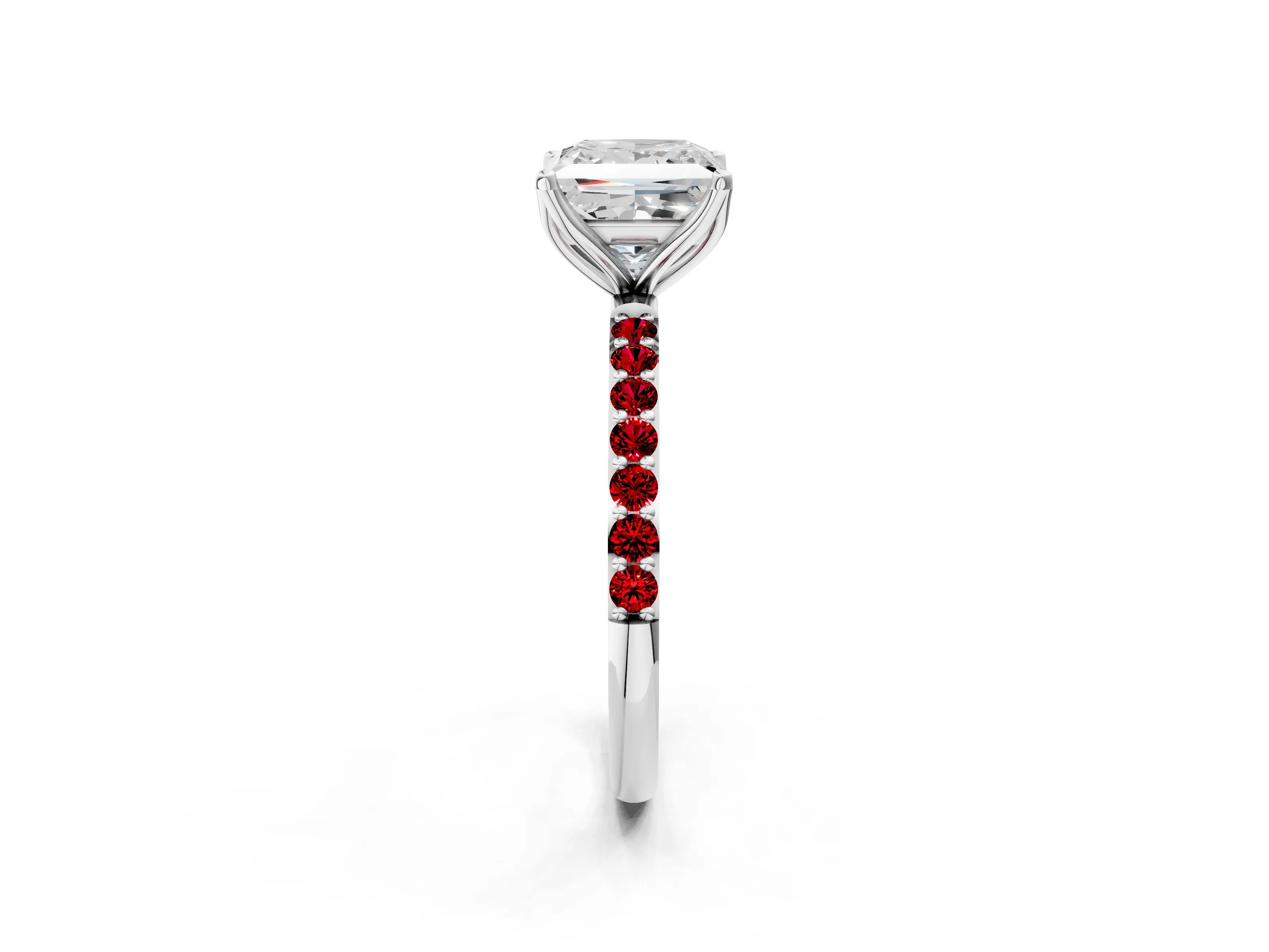 White gold Princess Cut Diamond Solitaire Engagement Ring with Round with Ruby side stone Pavé Band and Prong Setting_26