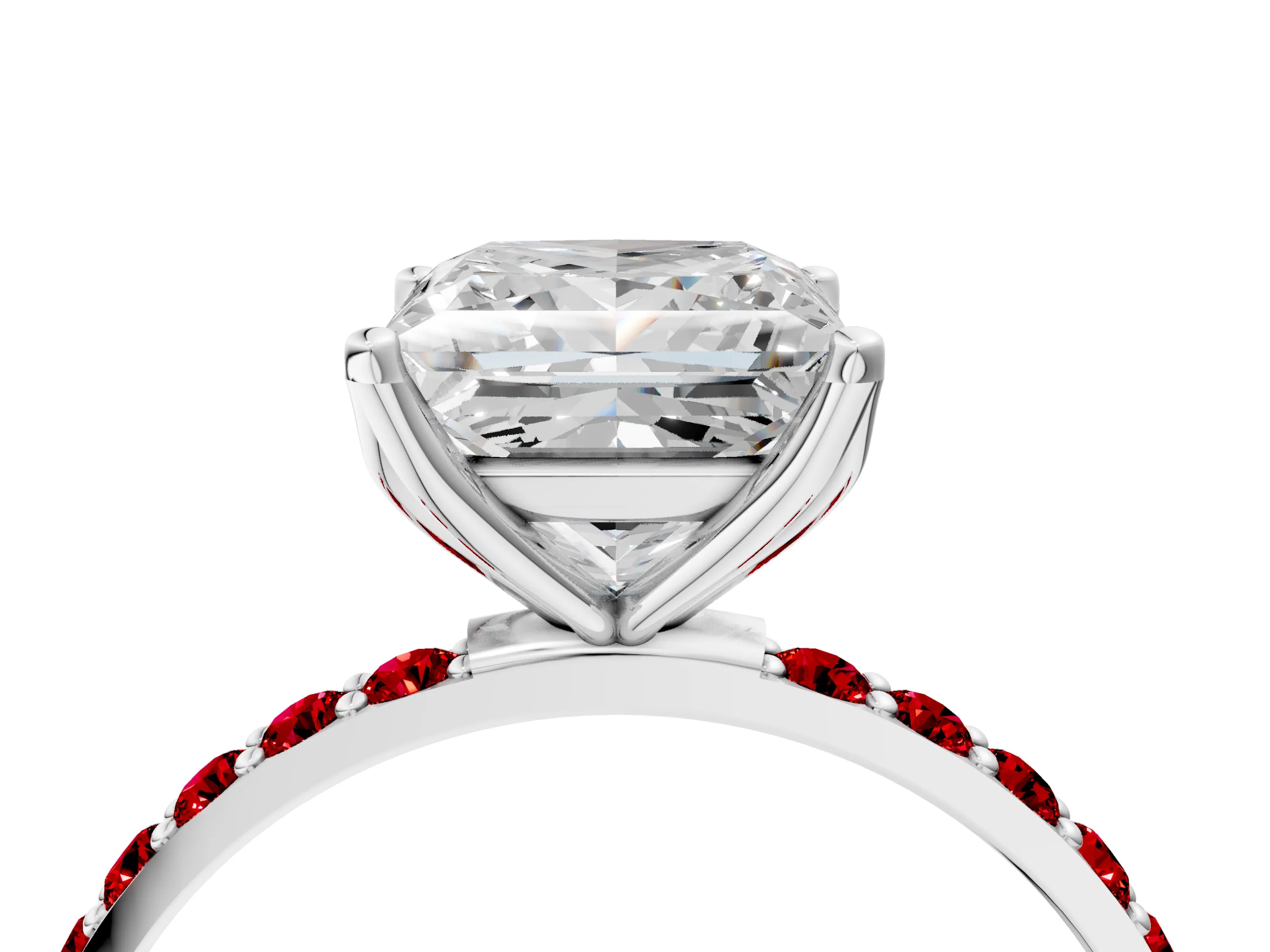 White gold Princess Cut Diamond Solitaire Engagement Ring with Round with Ruby side stone Pavé Band and Prong Setting_28
