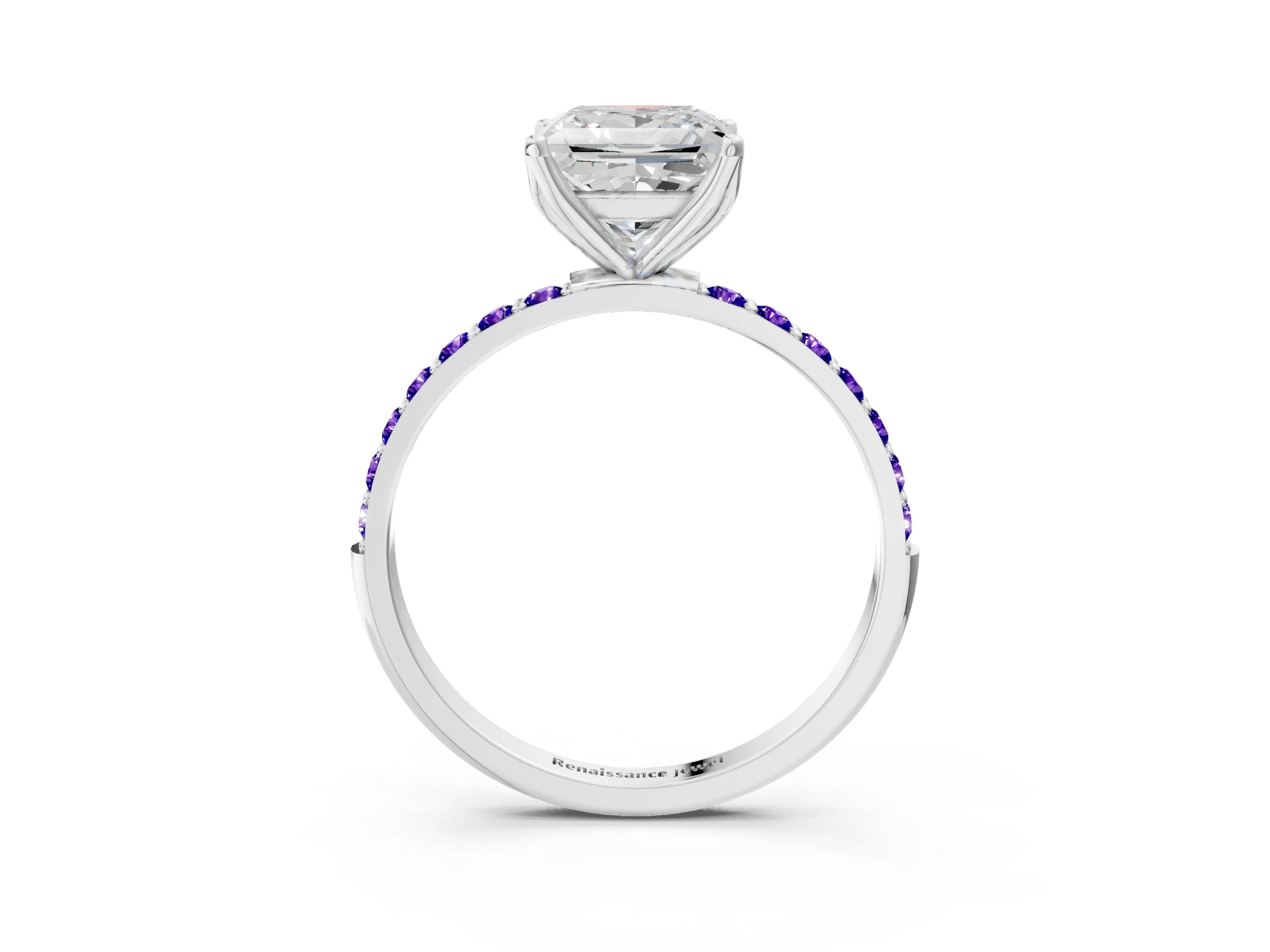 White gold Princess Cut Diamond Solitaire Engagement Ring with Round with Tanzanite side stone Pavé Band and Prong Setting_11