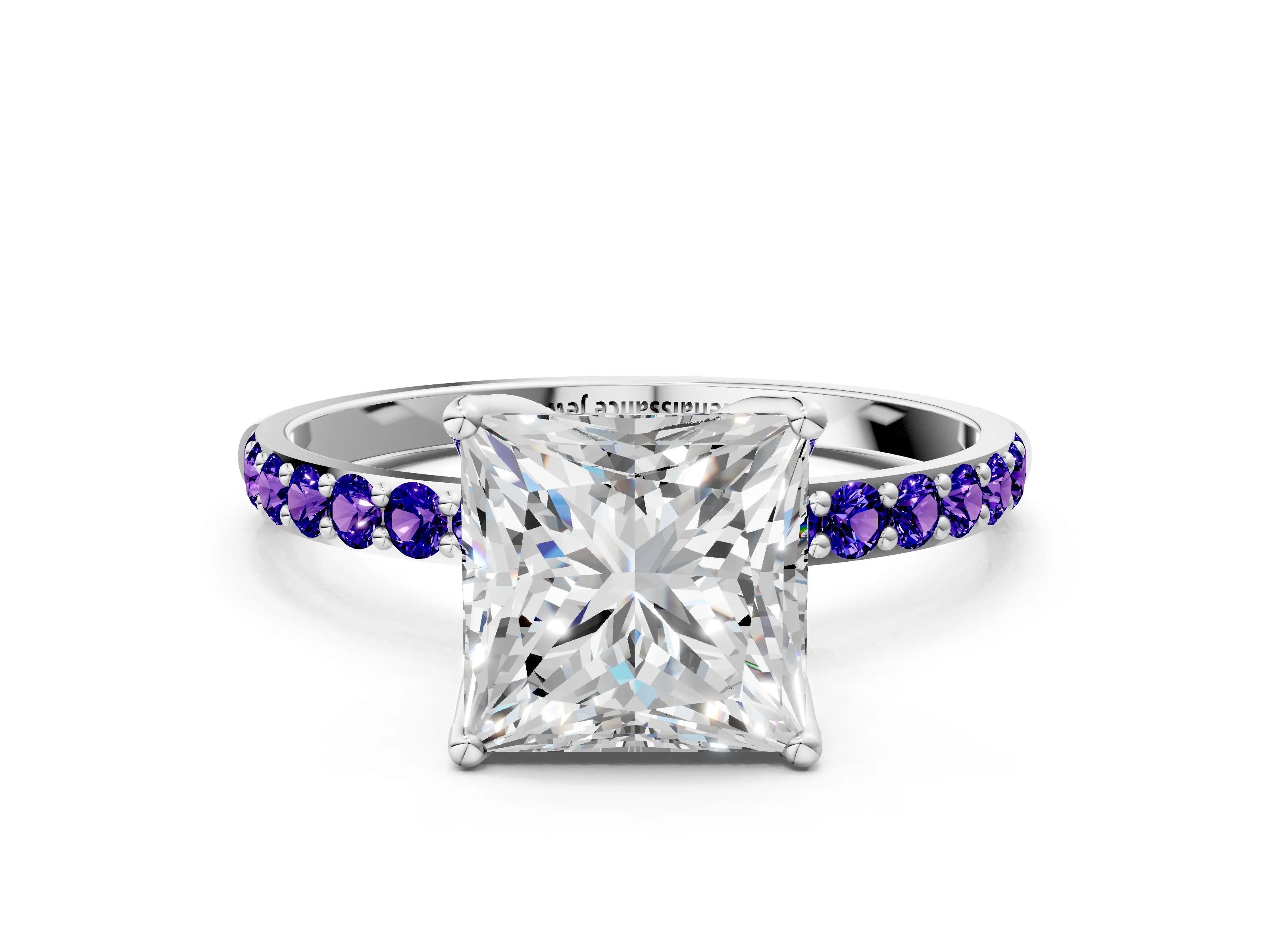 White gold Princess Cut Diamond Solitaire Engagement Ring with Round with Tanzanite side stone Pavé Band and Prong Setting_12