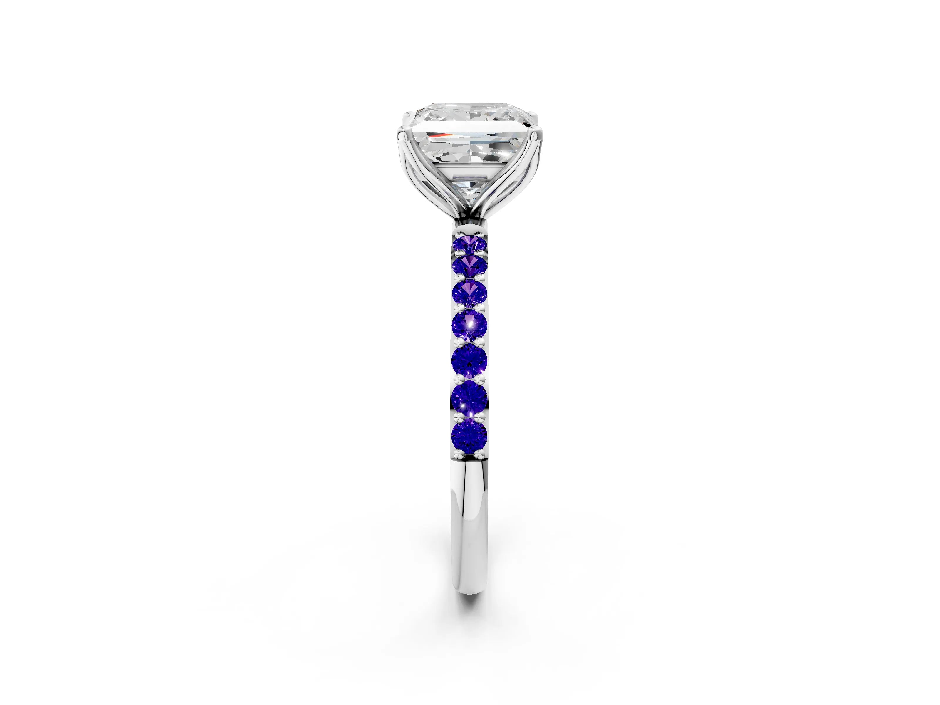 White gold Princess Cut Diamond Solitaire Engagement Ring with Round with Tanzanite side stone Pavé Band and Prong Setting_14
