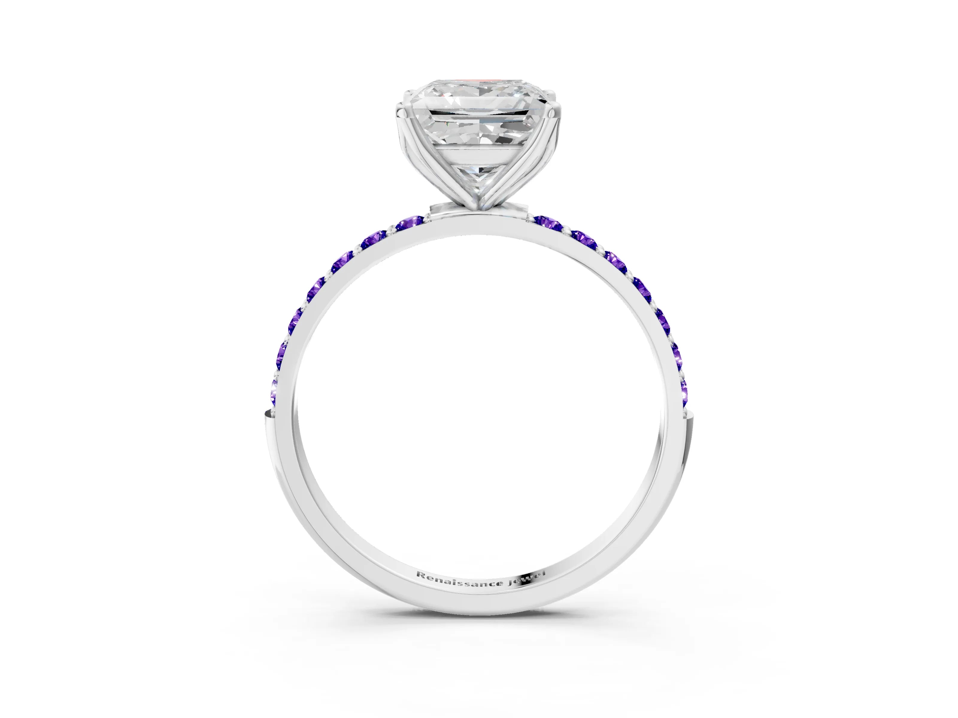 White gold Princess Cut Diamond Solitaire Engagement Ring with Round with Tanzanite side stone Pavé Band and Prong Setting_15